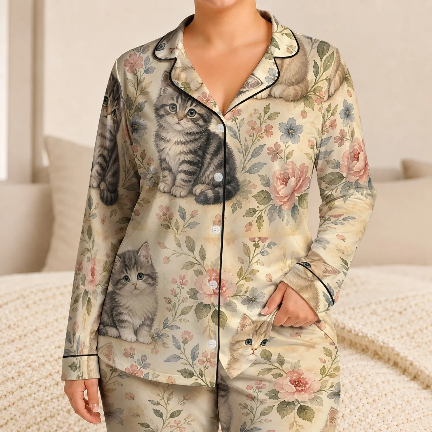 Storybook Kittens With Soft Botanical Motifs For Cozy Home Evenings For Women And Girls Satin Pajamas Set - 1