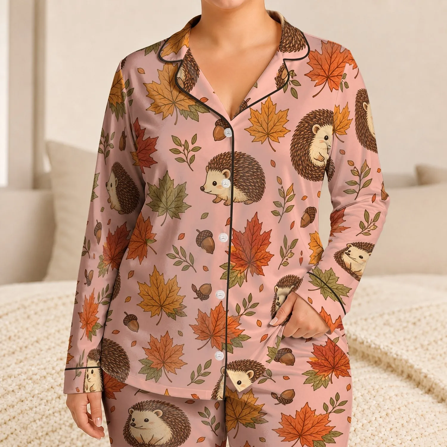 Cozy Autumn Hedgehog And Maple Leaf Nighttime Gift For Women At Home Relaxation Set Satin Pajamas Set - 1
