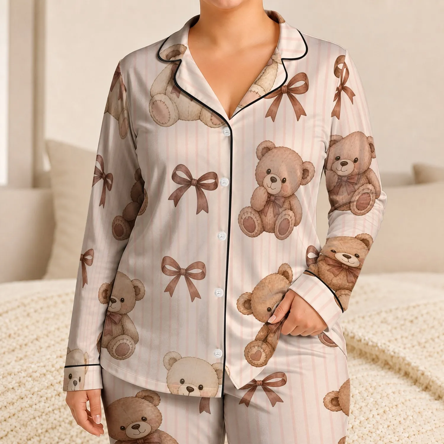 Vintage Teddy Bear Bow Lounge Style For Cozy Home Relaxation Giftable Wear For Women Satin Pajamas Set - 1