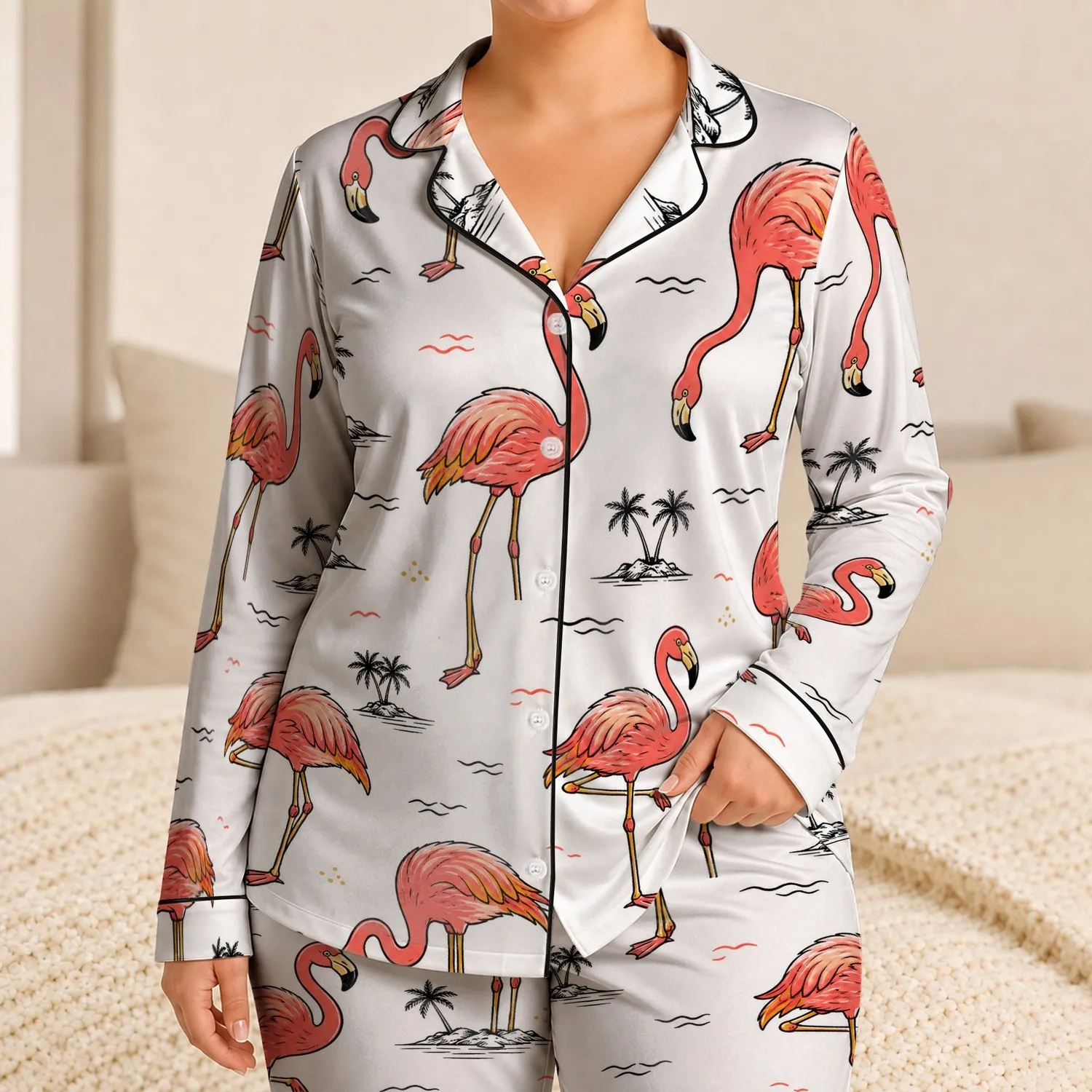 Flamingo Resort For Summer Nights, Soft Tropical Relaxed Style For Women At Home Satin Pajamas Set - 1