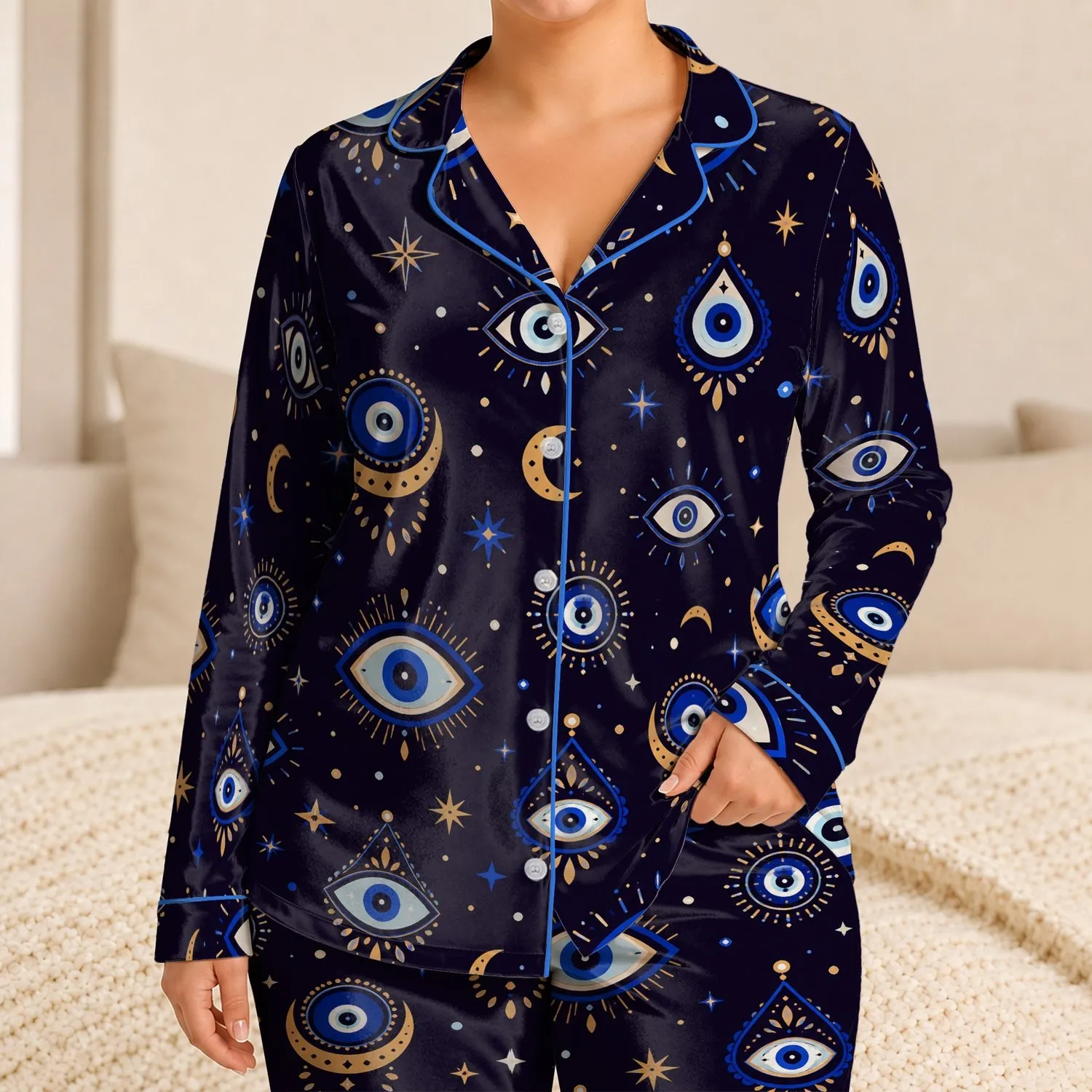 Celestial Eye Charm For Cozy Nights And Holiday Gifting For Women At Home Night Rituals Satin Pajamas Set - 1