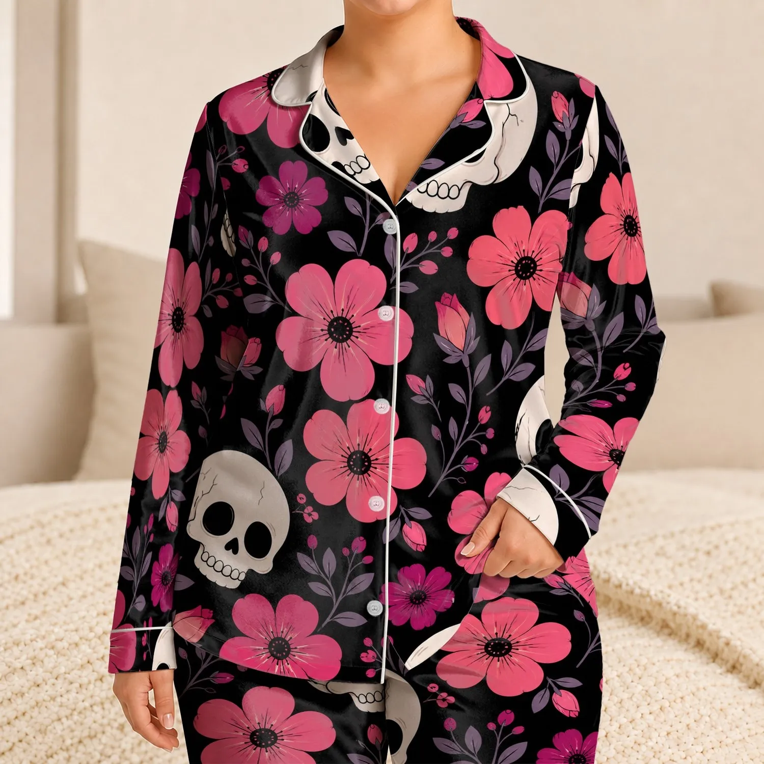 Retro Gothic Skull Floral Lounge Set for Cozy Nights, Women and Teens at Home Daily Satin Pajamas Set - 1