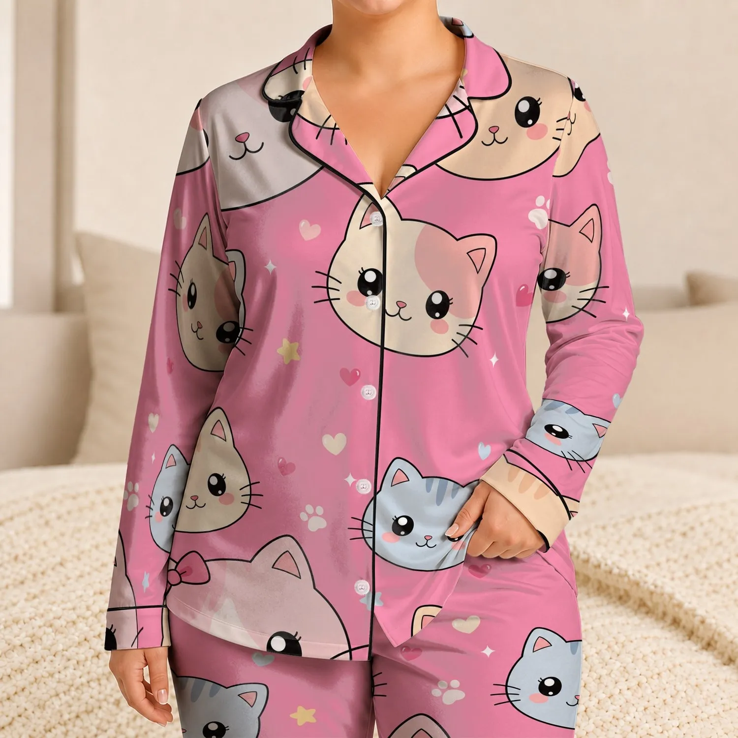 Cute Pastel Cat Faces on Warm Pink Background for Cozy Cat Lovers and Gift Giving Satin Pajamas Set - 1
