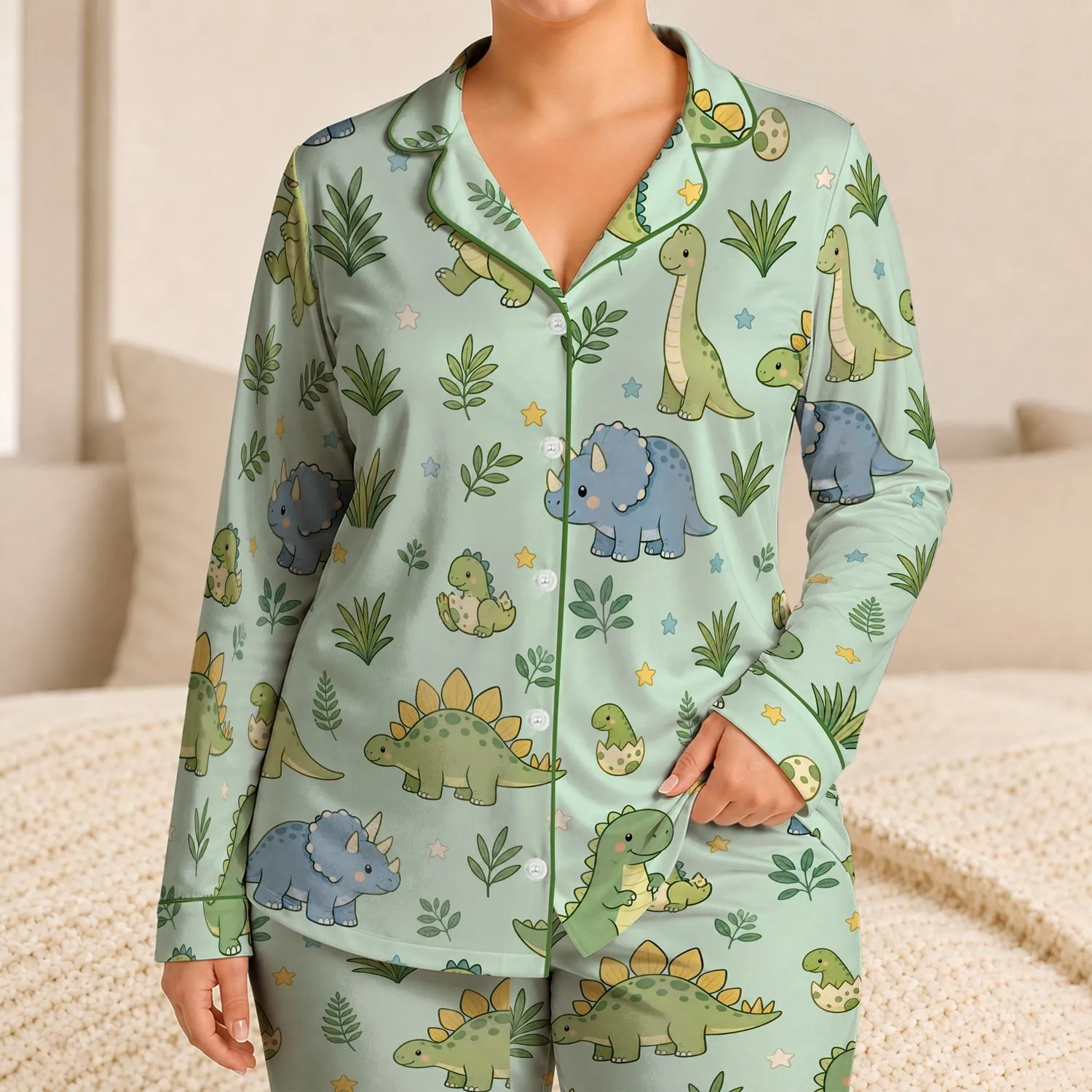 Cute Dinosaur Nursery Mint Green Loungewear For Cozy Gift Giving Women And Teens Satin Pajamas Set - 1