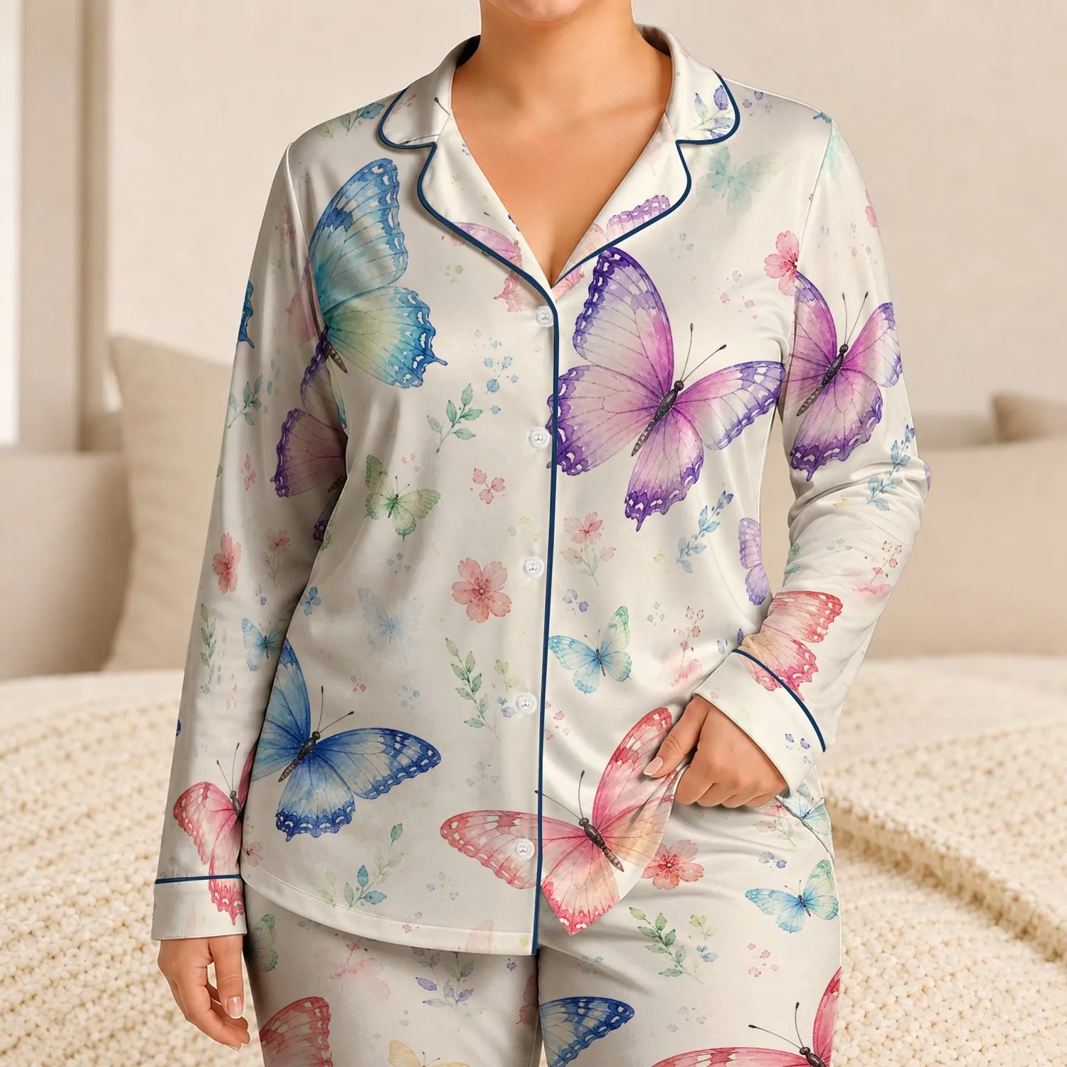 Aqua Butterfly Motif For Spring Evenings, Soft Feminine Boutique Gift At Home Satin Pajamas Set - 1