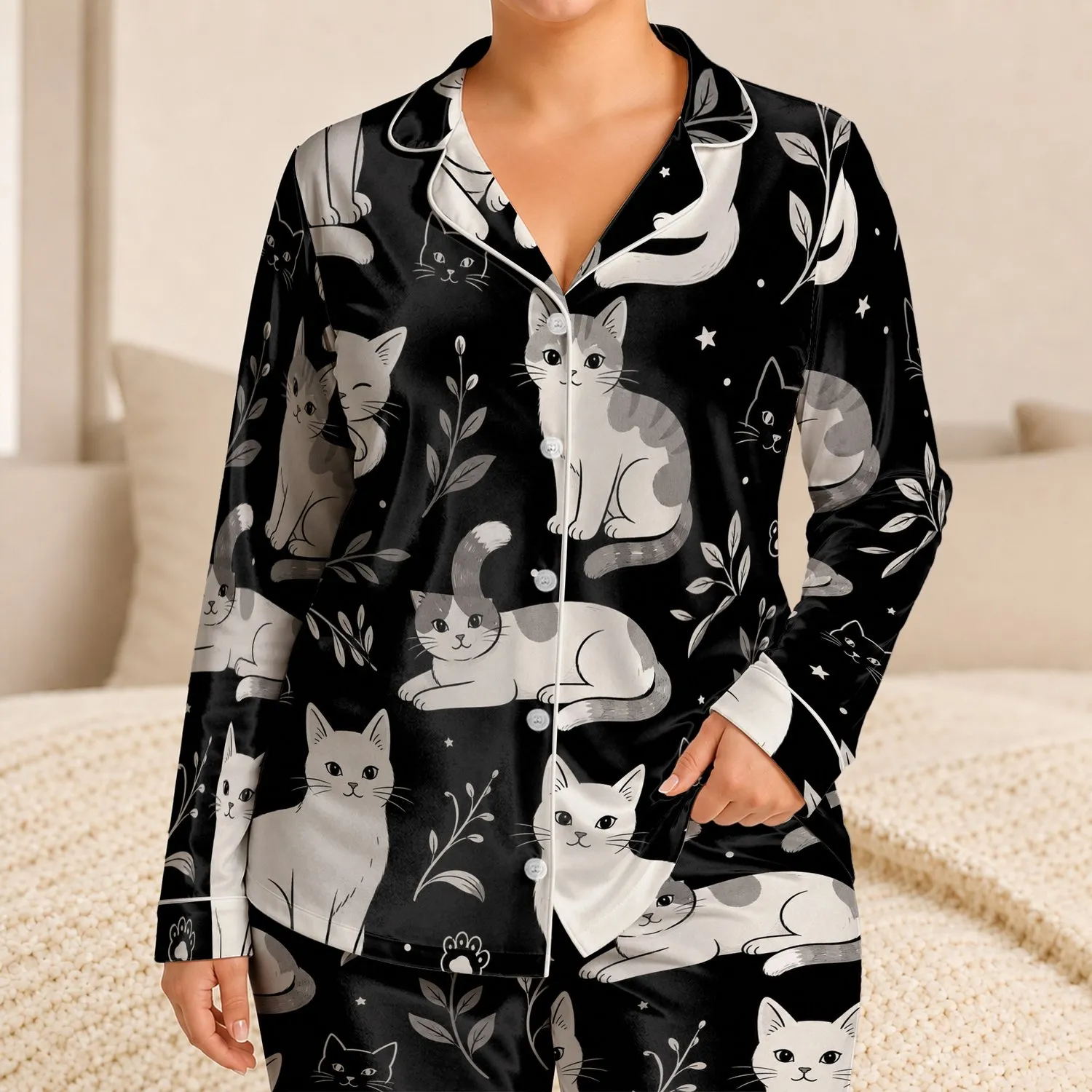 Vintage Black Cat Motif Lounge Style For Cozy Nights And Relaxed Home Comfort Living Satin Pajamas Set - 1