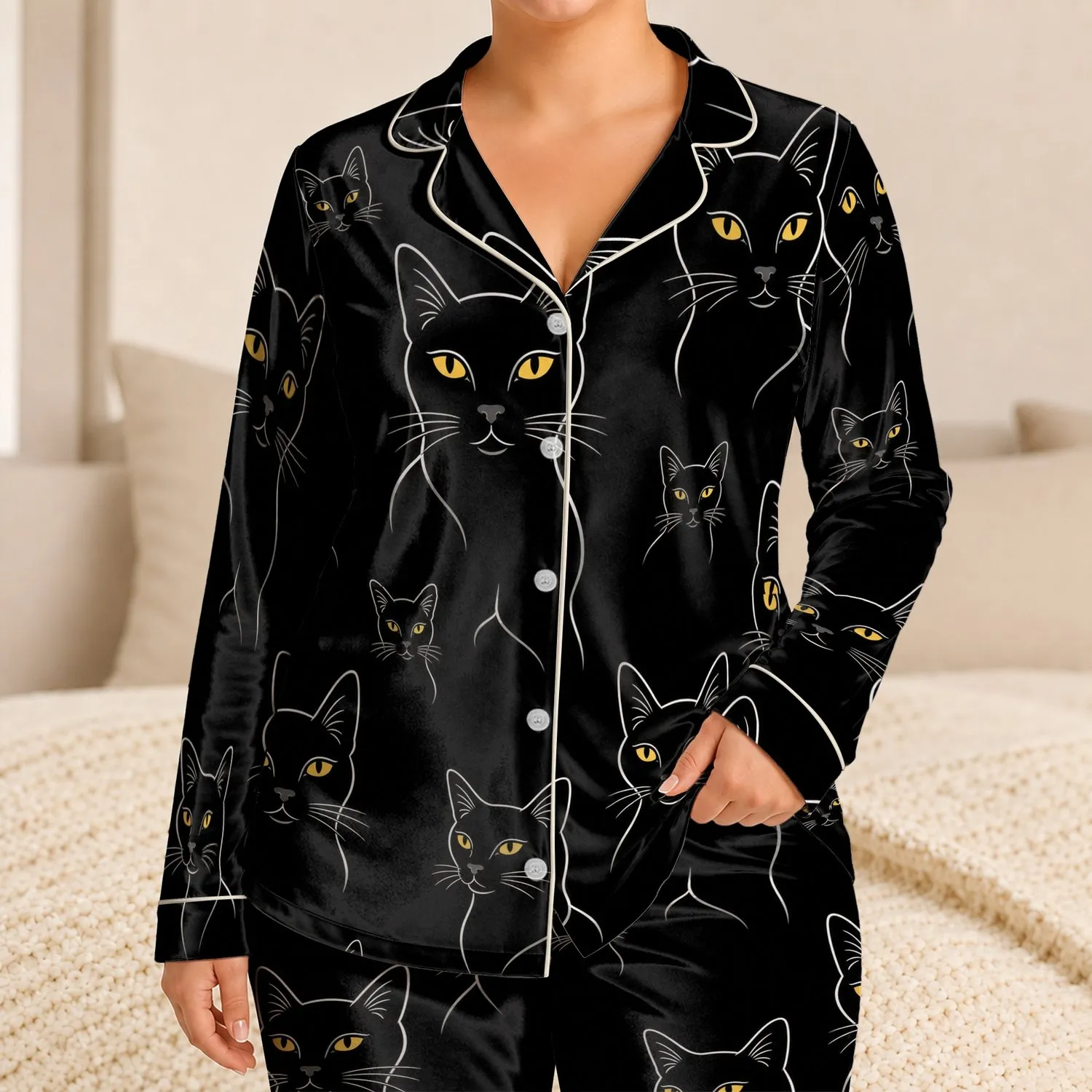 Men's Black Cat Motif For Cozy Home Evenings And Calm Nighttime Comfort Wear Daily Satin Pajamas Set - 1