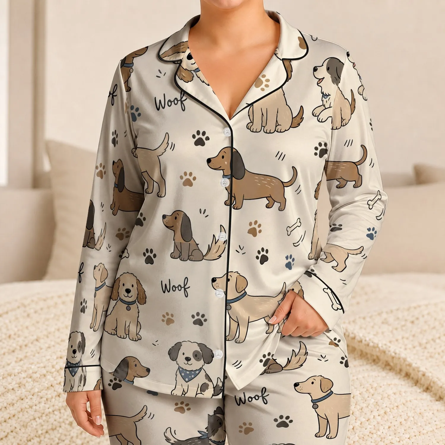 Warm Ivory Dog Doodle Gift Idea for Cozy Nights, Relaxed Lounging, and Women At Home Satin Pajamas Set - 1