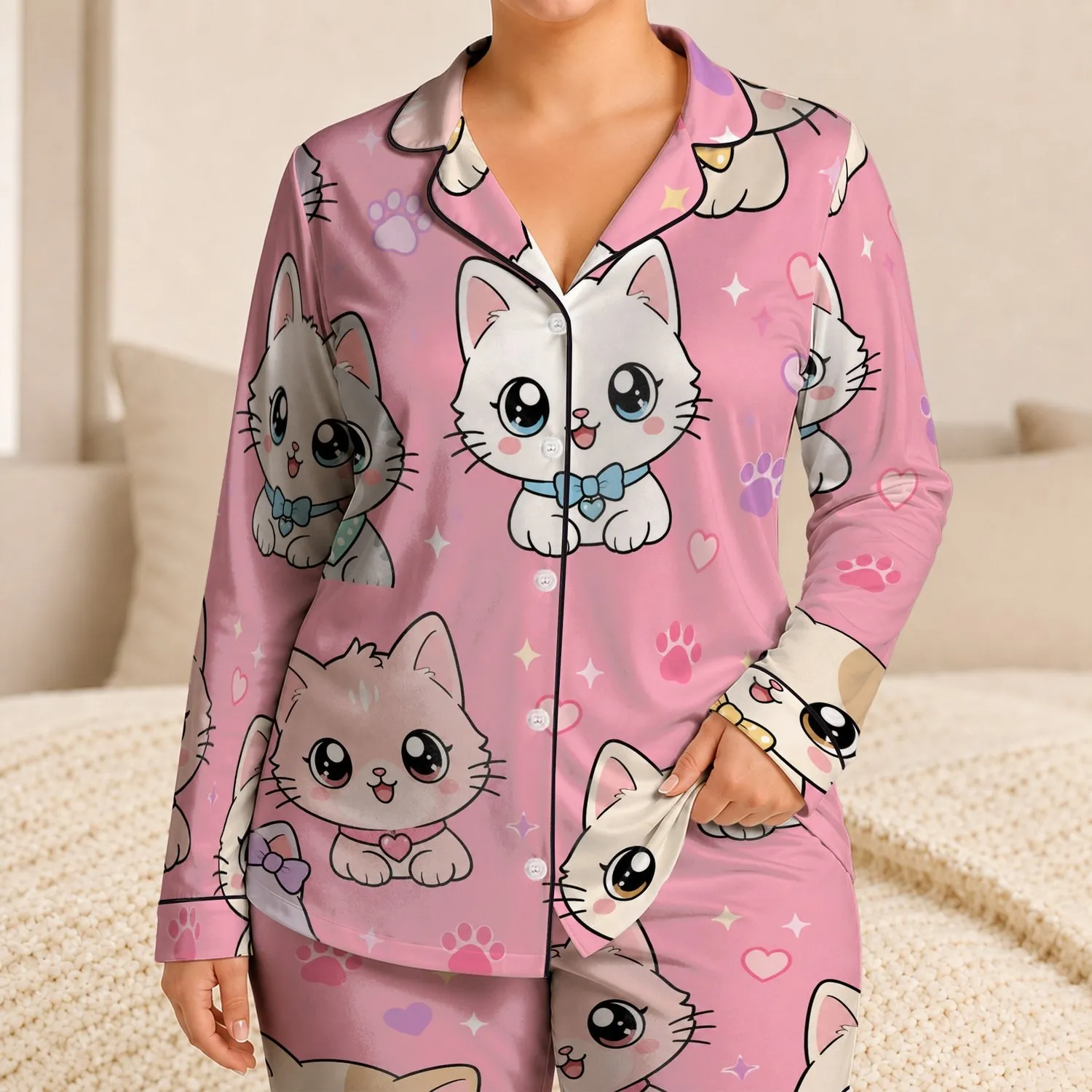 Kawaii Cat Faces for Cozy Spring Nights at Home, Gift Idea for Women and Cat Lovers Satin Pajamas Set - 1