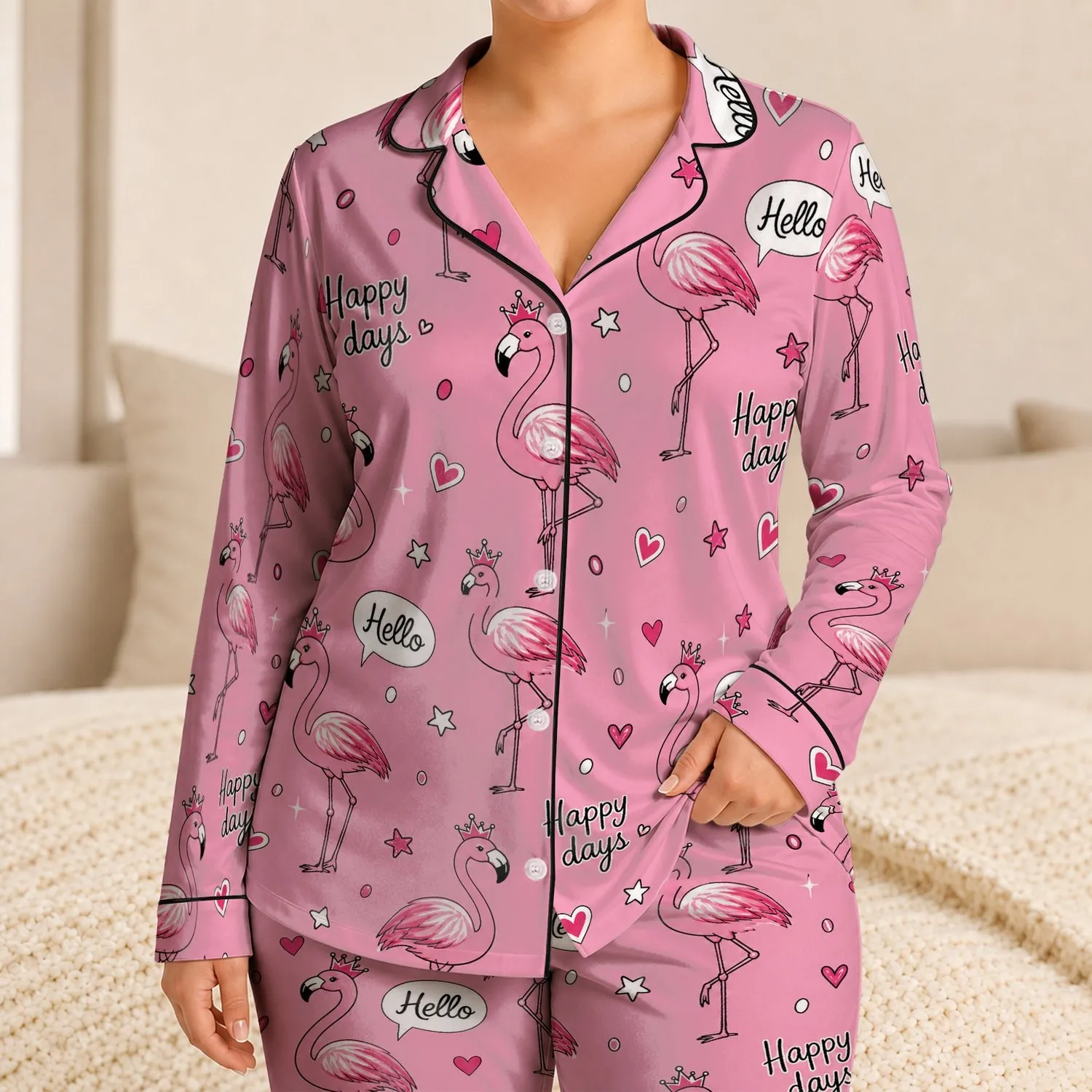 Retro Flamingo Spring And Summer Cozy Nights Gift For Women And Teens Wardrobe Style Satin Pajamas Set - 1