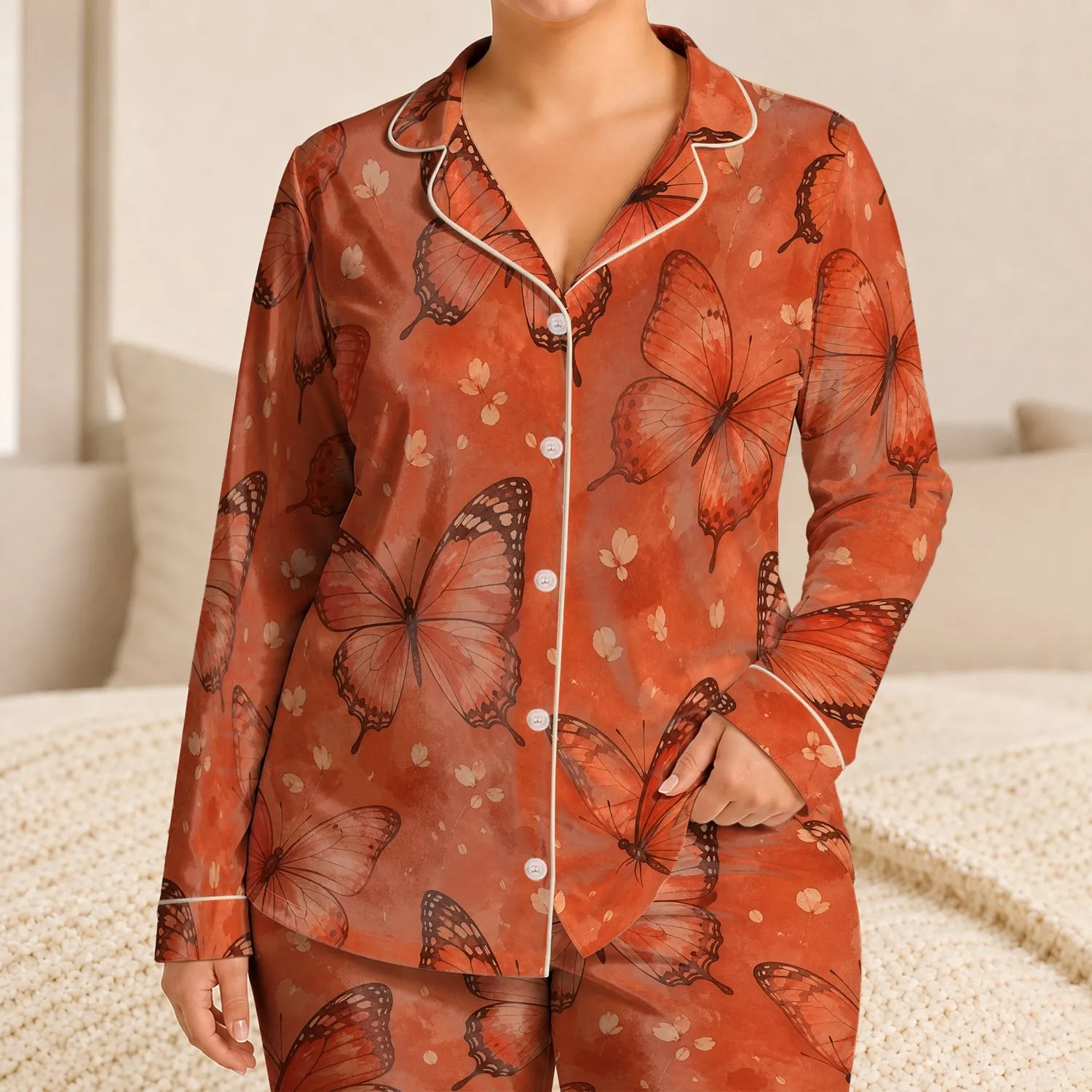 Terracotta Butterfly Nighttime Style For Spring Sleepovers And Cozy Gifting Satin Pajamas Set - 1