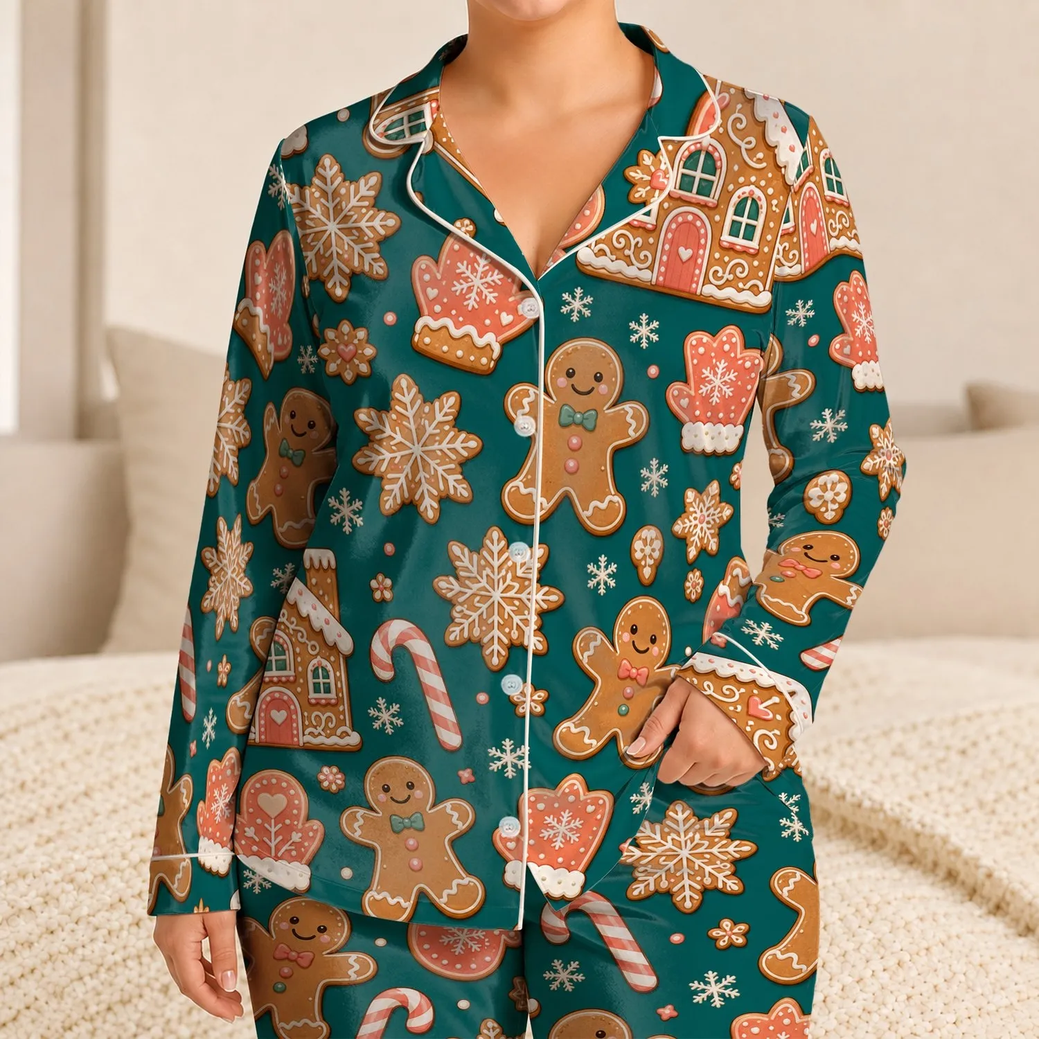 Gingerbread Cottage Treats in Teal for Cozy Christmas Nights and Winter Gifts for Women Satin Pajamas Set - 1