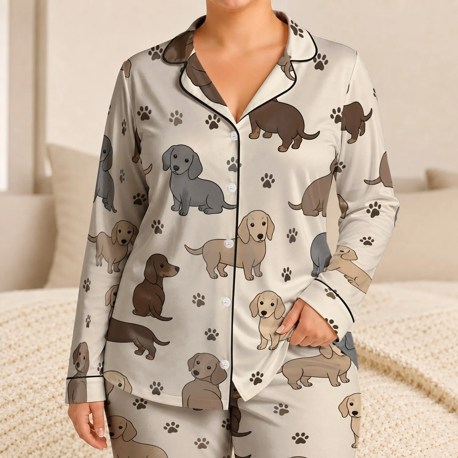 Cute Dachshund Dog Lounge For Dog Lovers, Ivory Soft Neutral Gift Idea For Home Satin Pajamas Set - 1