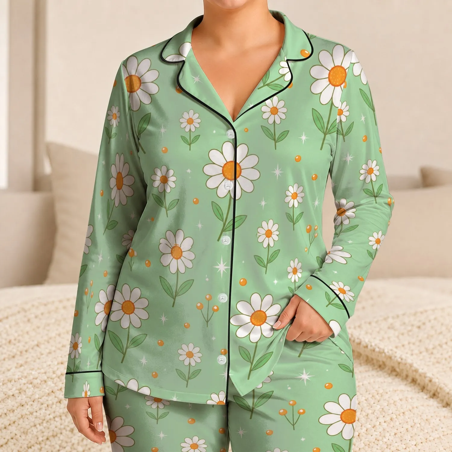 Soft Mint Green Daisy Bloom for Cozy Evenings, Summer Lounging, Women Who Love Floral Satin Pajamas Set - 1