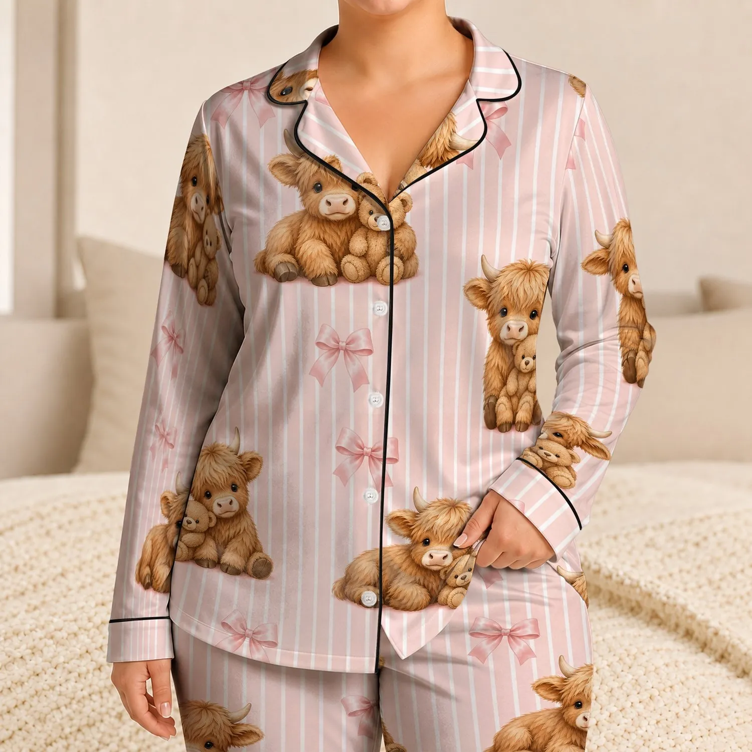 Blush Stripe Highland Cow And Teddy Bear For Cozy Lounging And Sweet Bedtime Women Satin Pajamas Set - 1