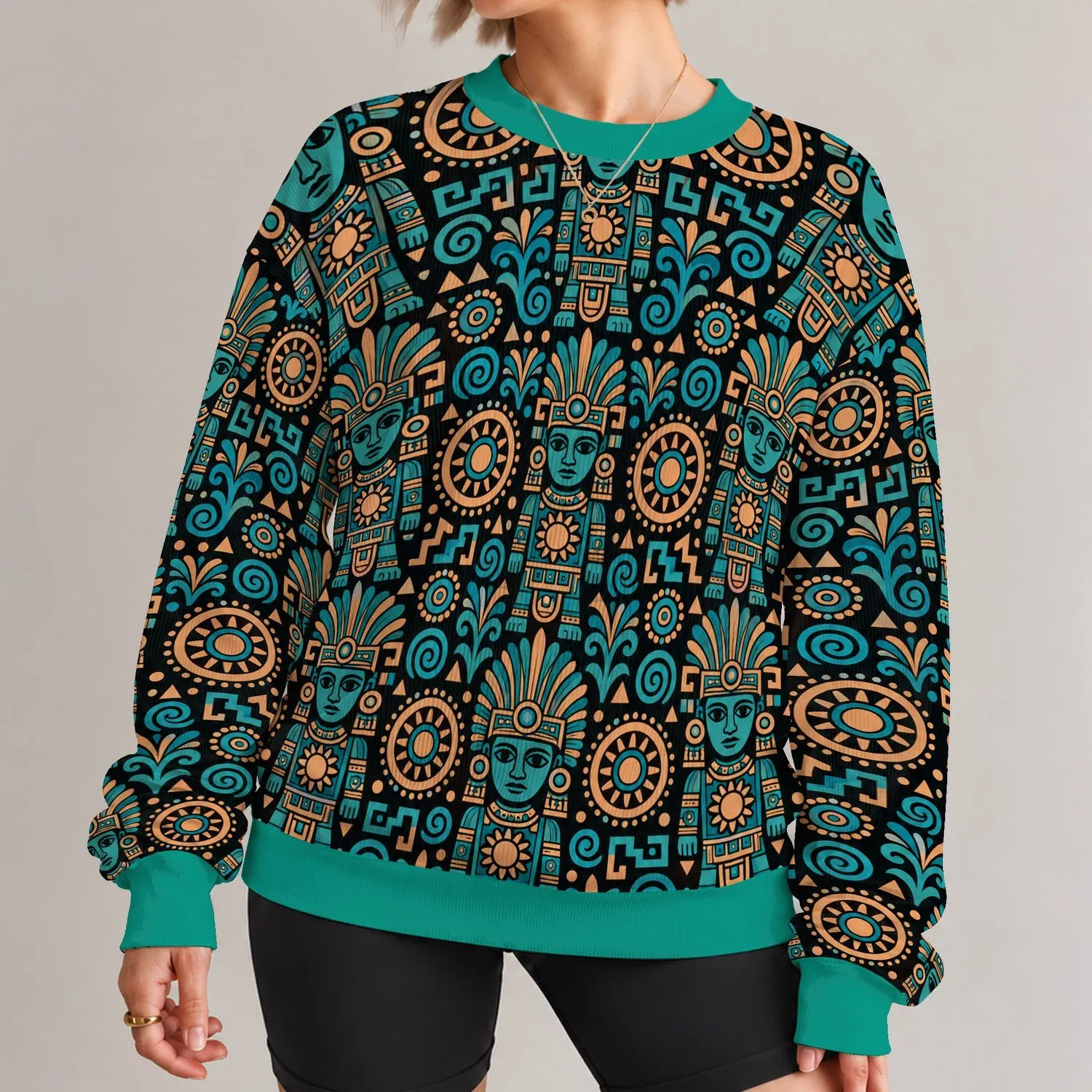 Teal Feathered Sun Motif For Bold Festival Style And Everyday Bohemian Wear All-over Print Knitted Sweater - 1