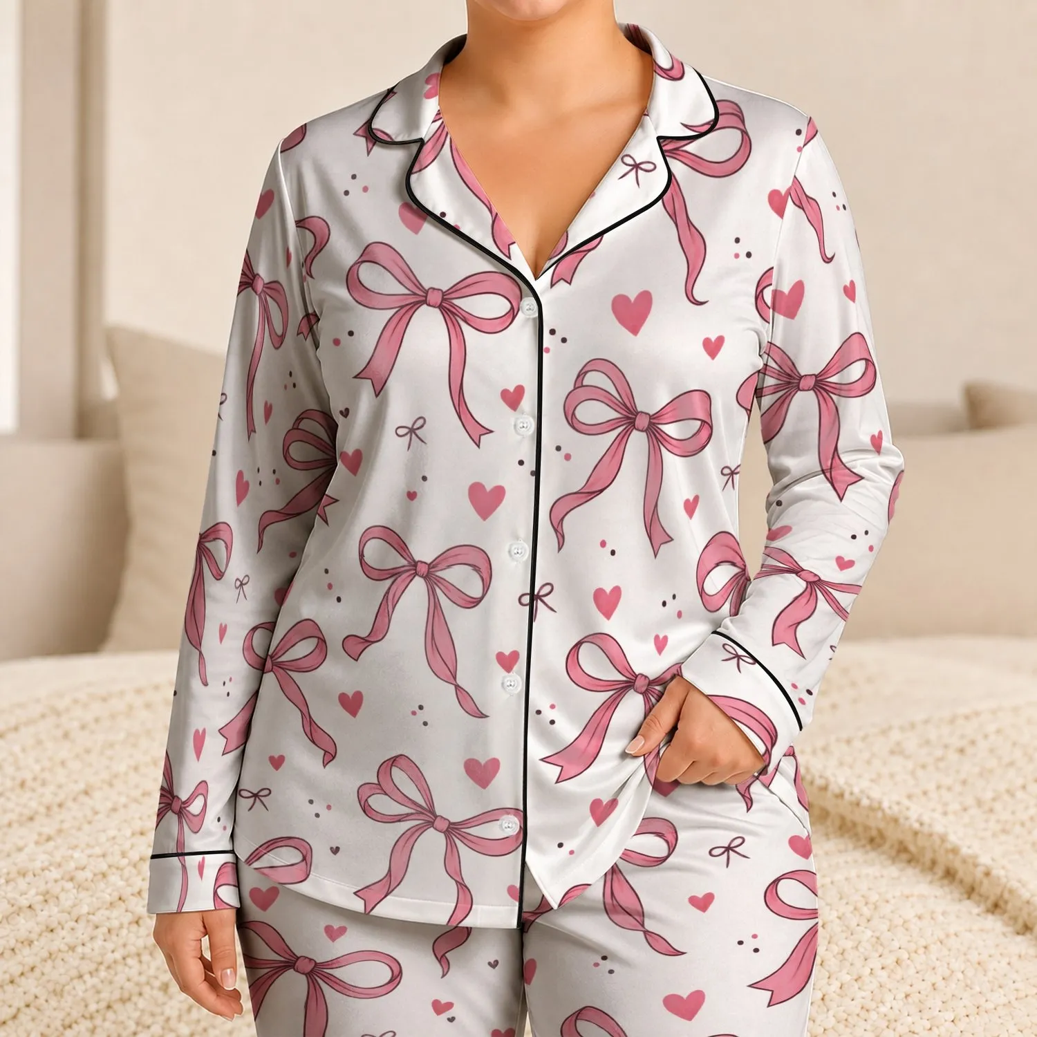 Elegant Boutique Blush Bow and Heart Lounge Look for Cozy Nights and Gift Giving Satin Pajamas Set - 1