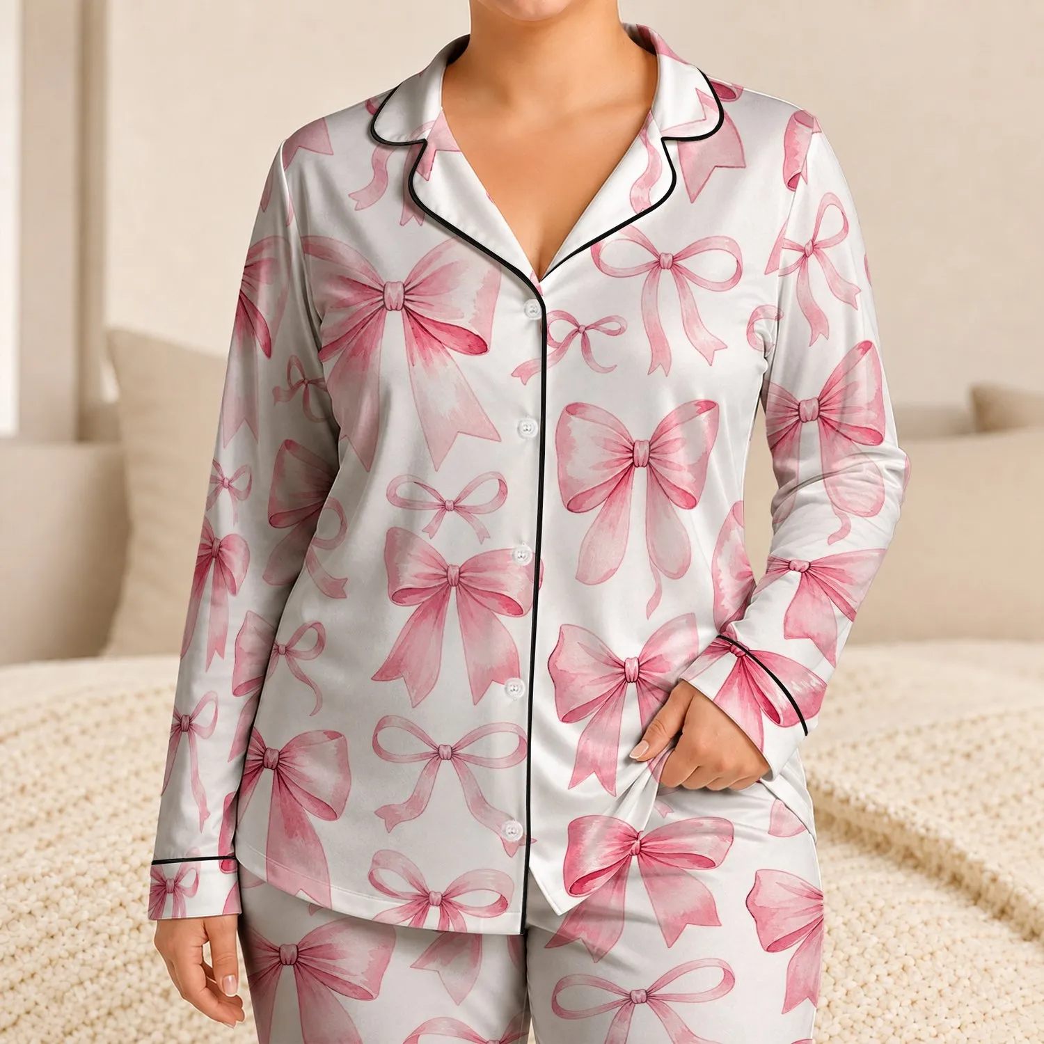 Soft Pink Bow Motifs For Cozy Nights And Giftable Lounge Style For Women At Home Use Satin Pajamas Set - 1
