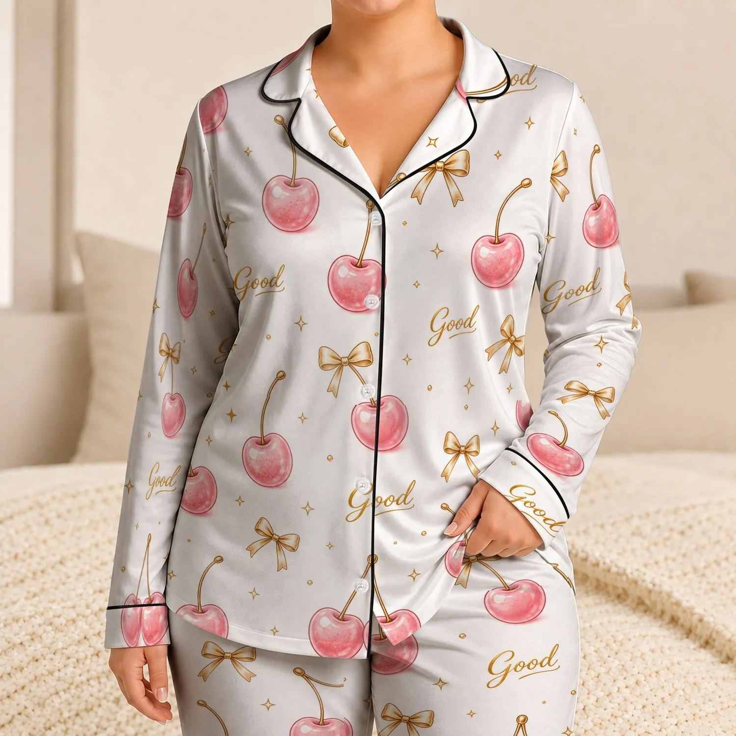 Pink Cherry and Gold Bow Accents for Summer Lounging and Relaxed Nights at Home for Women Satin Pajamas Set - 1