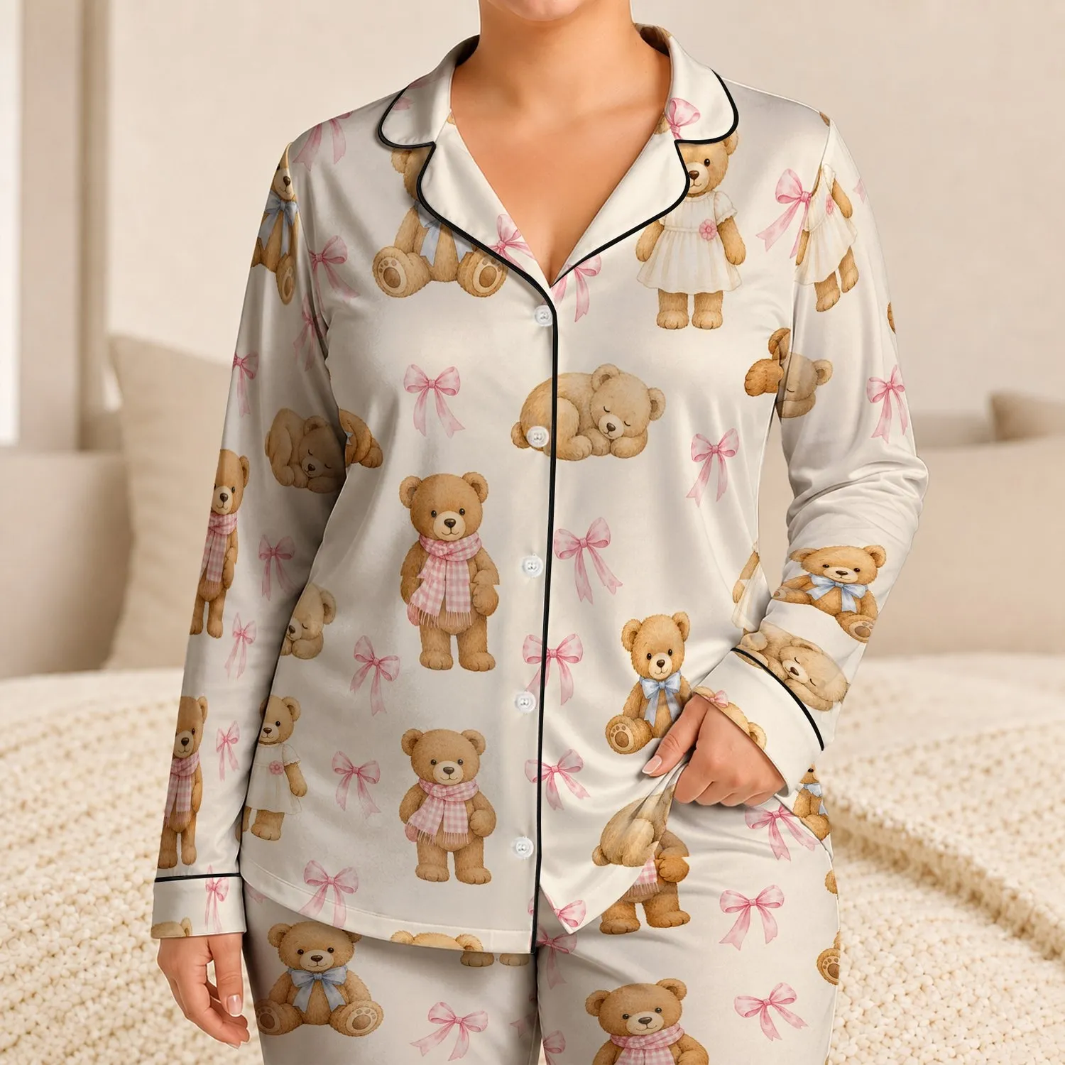 Sweet Teddy Bear and Pink Bow Bedtime Look for Cozy Nights, Cute Girly Style for Women Satin Pajamas Set - 1