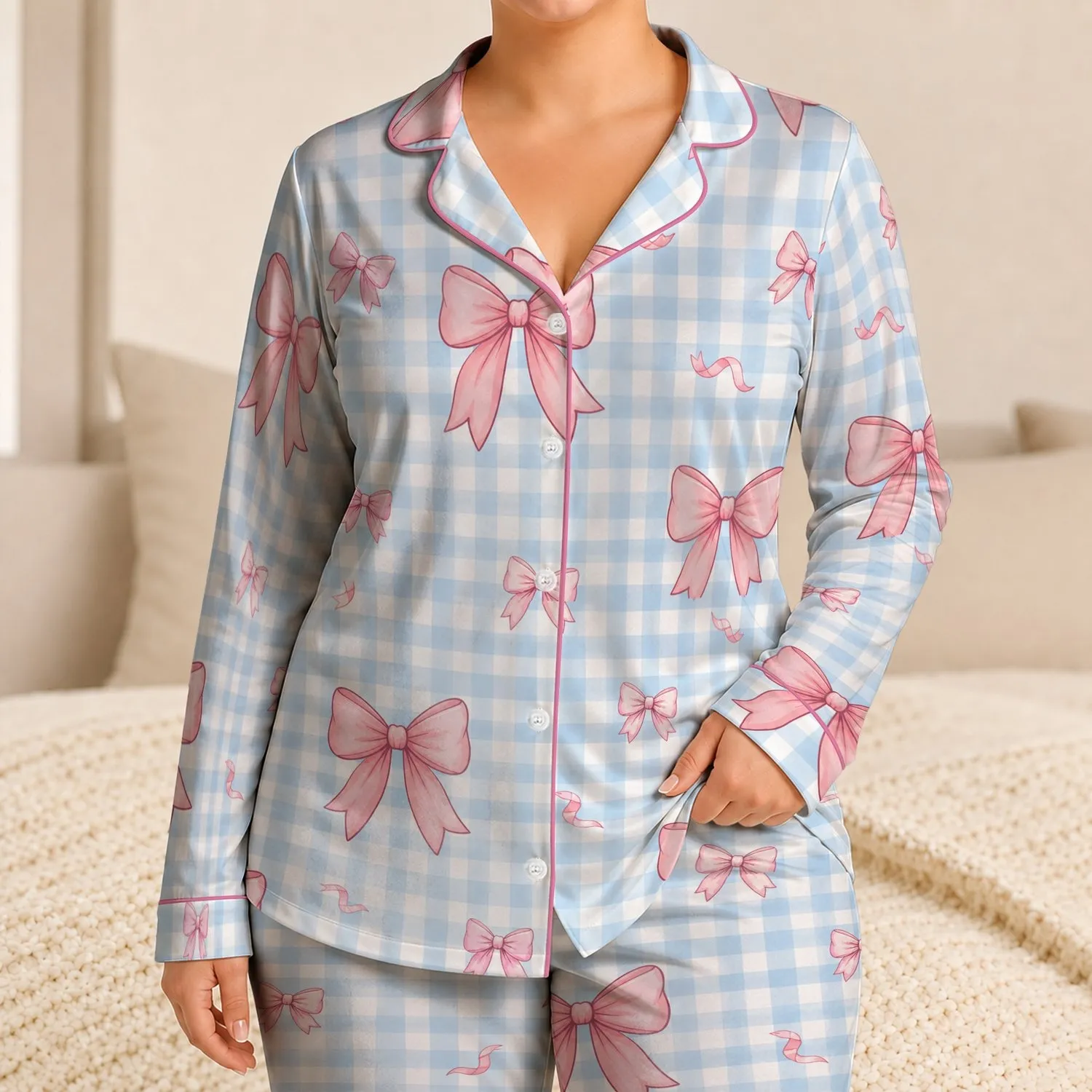 Powder Blue Gingham Pink Bow Lounge Set For Cozy Spring Summer Evenings For Women Satin Pajamas Set - 1
