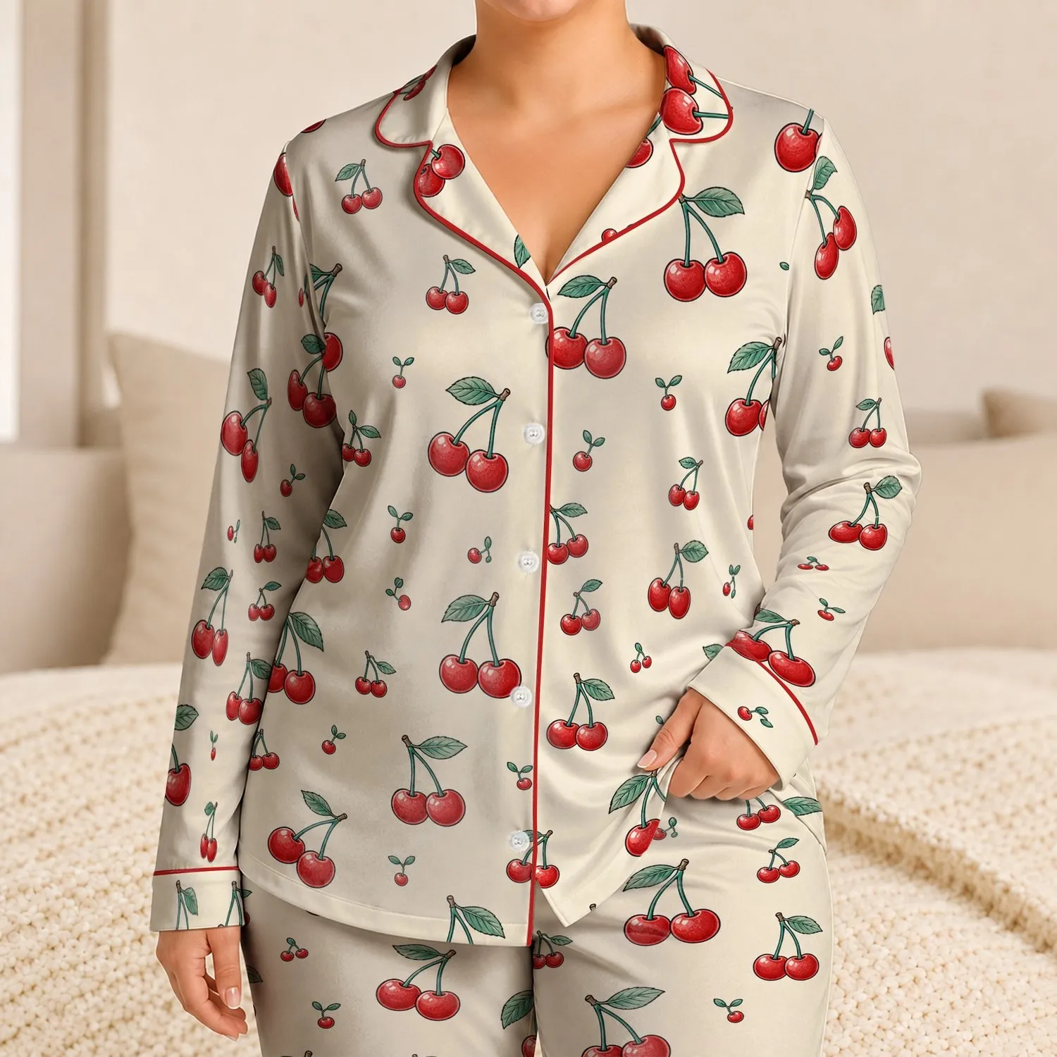 Cherry Sprig Ivory Night Set For Cozy Lounge Days And Gift Giving For Women At Home Satin Pajamas Set - 1