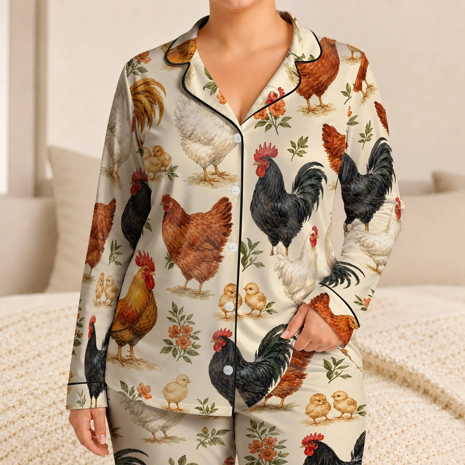 Vintage Cottagecore Chicken Motif for Cozy Farmhouse Lounging Women and Gift Giving Satin Pajamas Set - 1