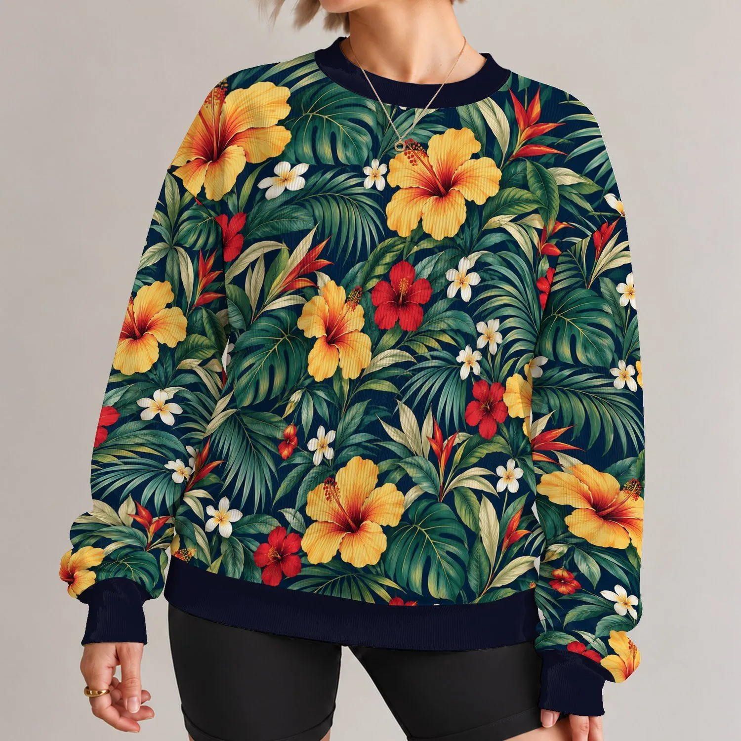 Tropical Hibiscus And Palm Foliage For Island Escapes And Everyday Resort Wear All-over Print Knitted Sweater - 1