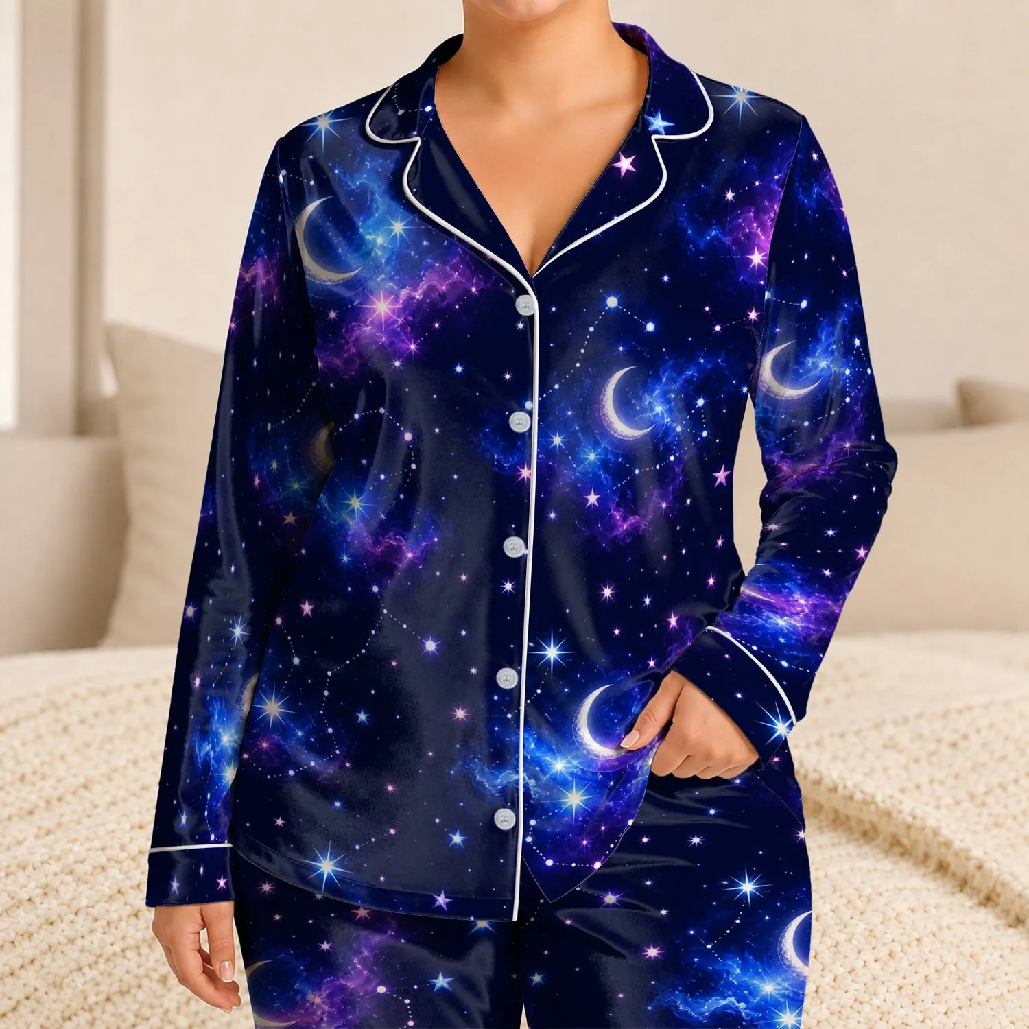 Midnight Celestial Moon And Star Lounge Look For Cozy Nights And Plus Size Women Satin Pajamas Set - 1