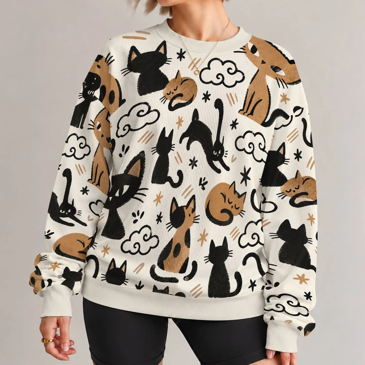 Playful Black Cat and Tan Feline Motifs for Casual Autumn Streetwear Looks All-over Print Knitted Sweater - 1