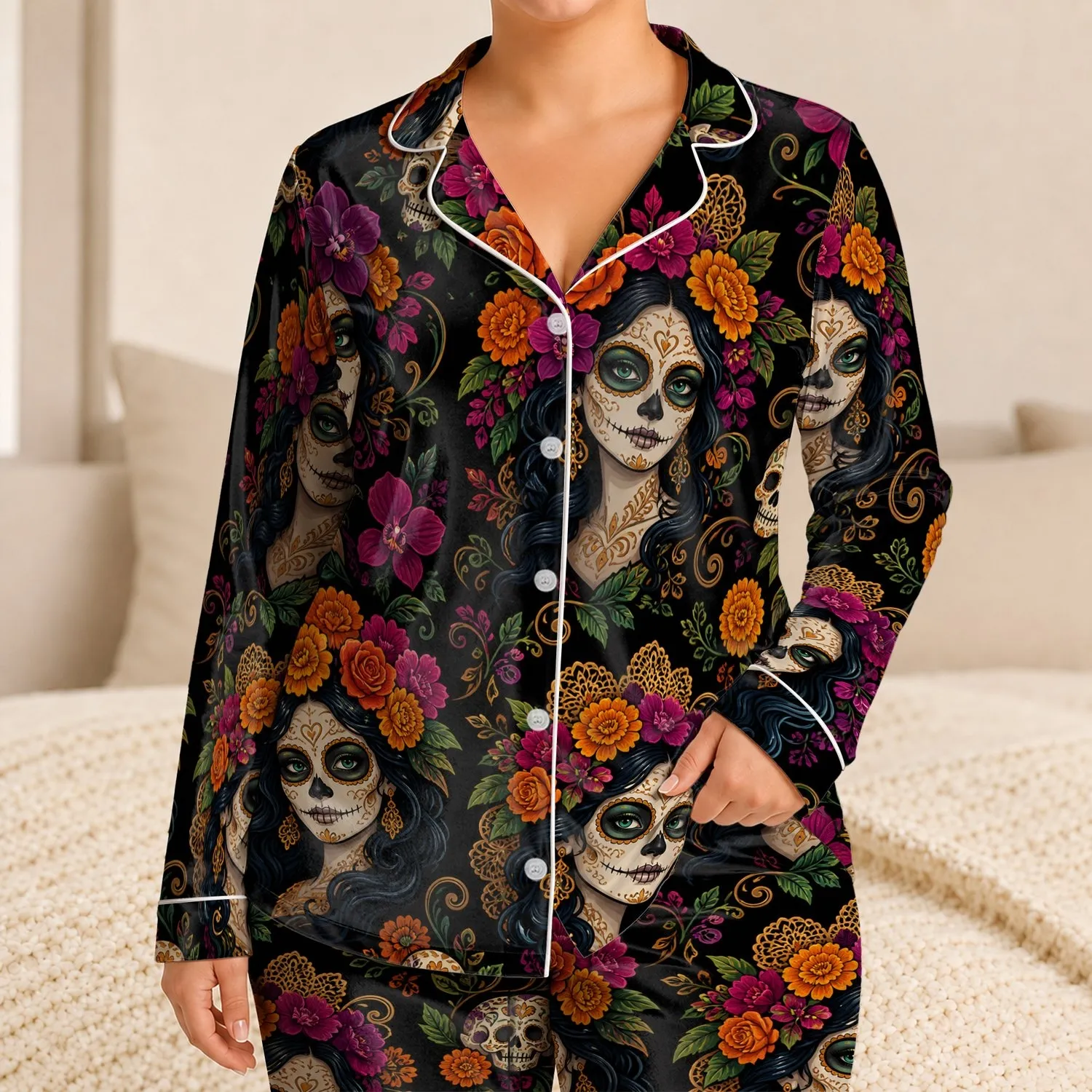 Day Of The Dead Sugar Skull Florals For Halloween Nights, Cozy Home Style Gift For Women Satin Pajamas Set - 1