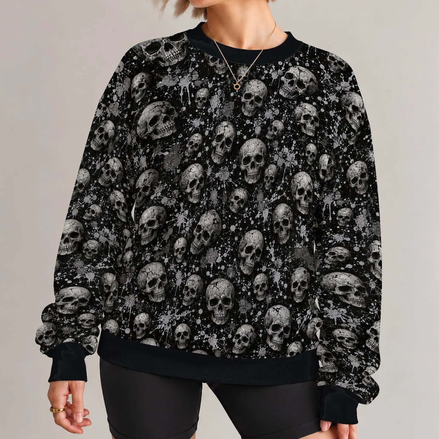 Monochrome Skull And Splatter Motif For Alternative Streetwear And Halloween Nights All-over Print Knitted Sweater - 1