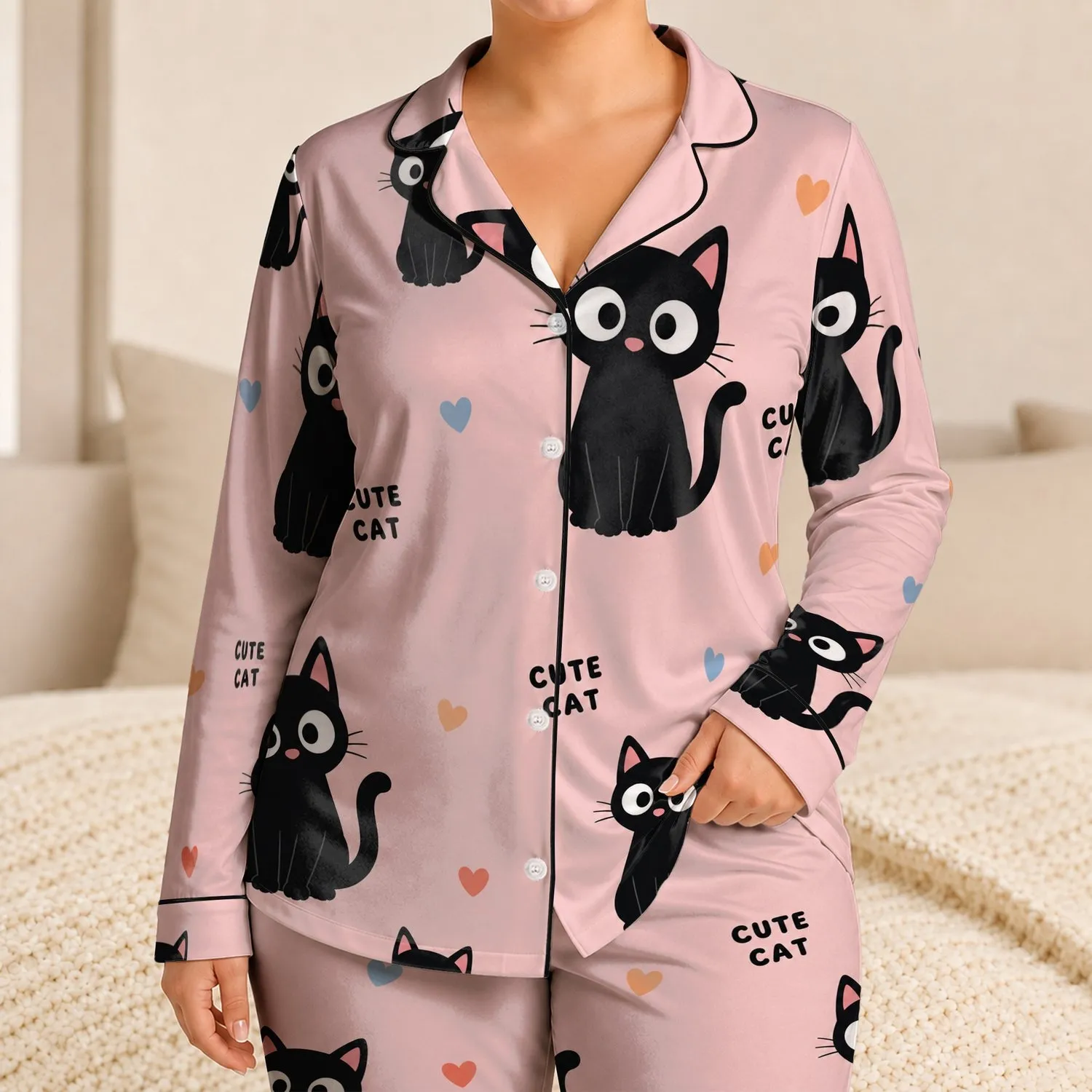 Black Cat Blush Pink Cozy Lounge Set for Cat Lovers and Sweet Nights at Home Daily Satin Pajamas Set - 1