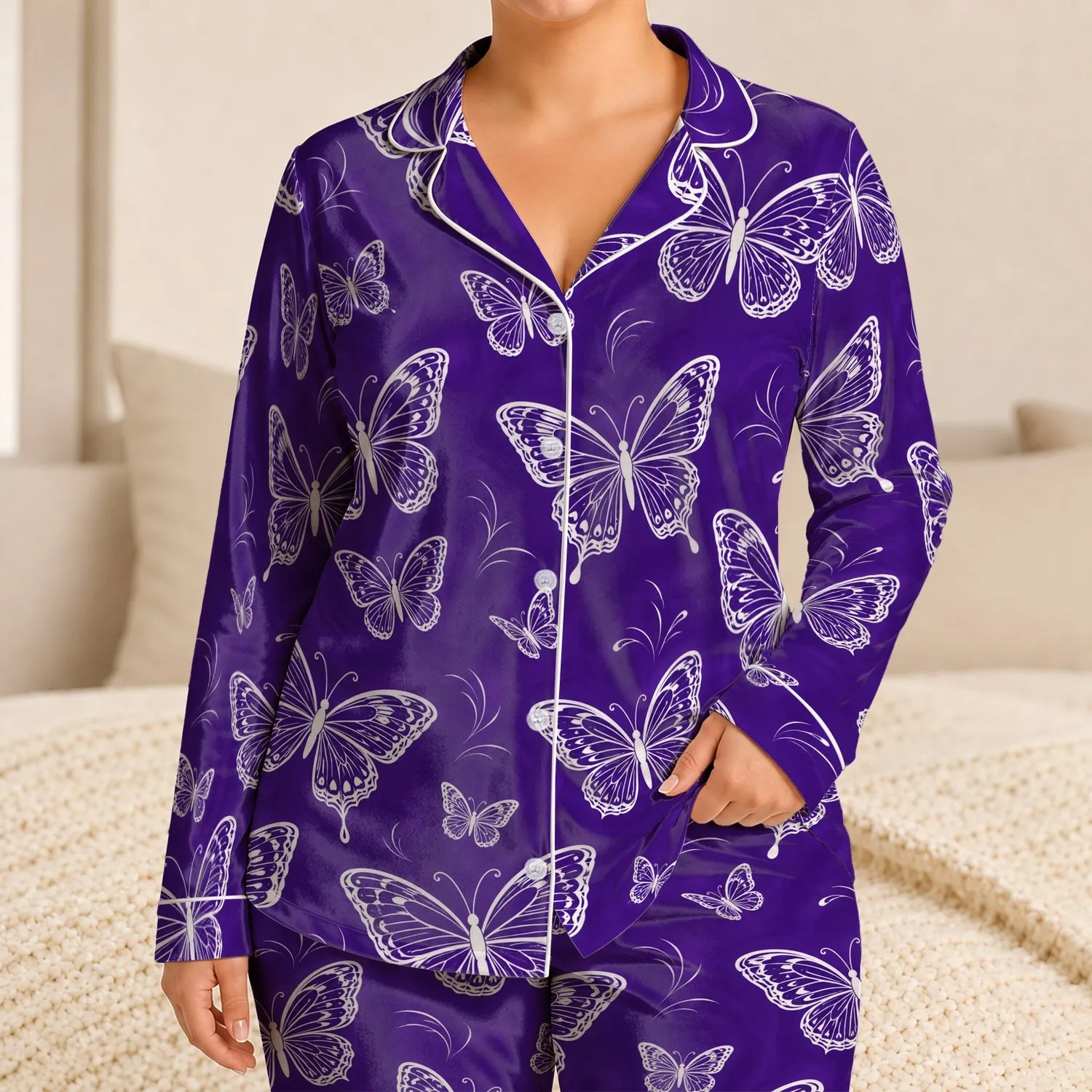 White Butterfly Motif on Royal Purple for Cozy Evenings and Gift Giving for Women Satin Pajamas Set - 1