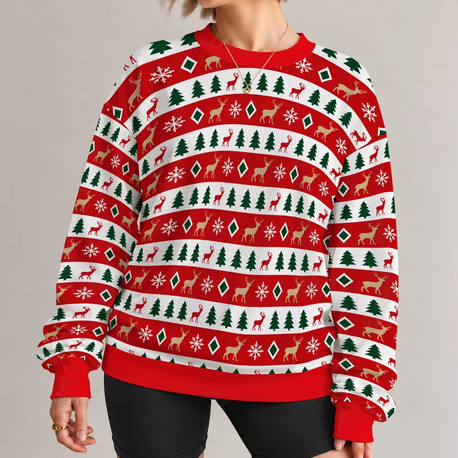 Red Evergreen Reindeer Snowflake Holiday Motifs for Christmas Gatherings All-over Print Knitted Sweater - 1