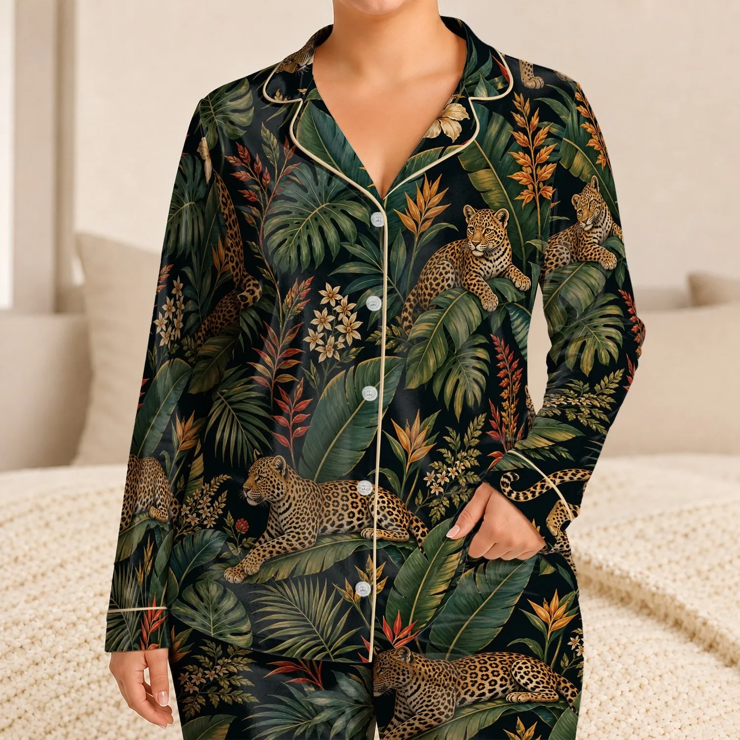 Tropical Leopard Cats And Jungle Leaves Cozy Resort Evenings Gift For Women At Home Satin Pajamas Set - 1