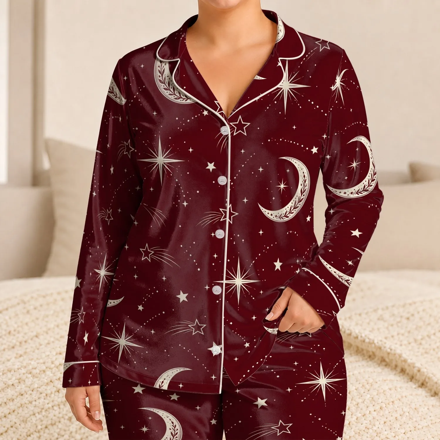Burgundy Moon And Star Celestial Cozy Vintage Nights For Women Plus Size At Home Satin Pajamas Set - 1
