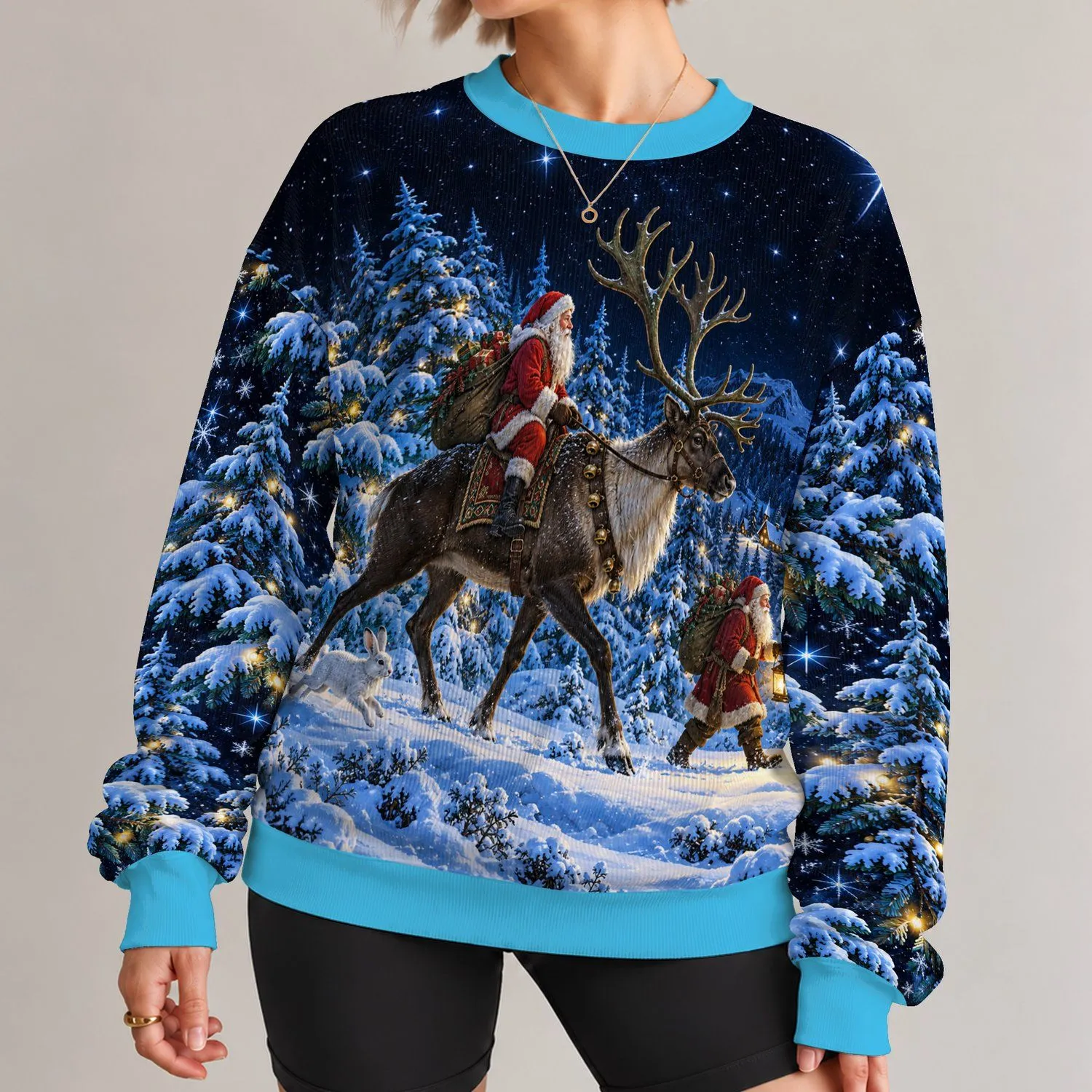Santa Riding a Reindeer Beneath Starlit Snowy Pines for Christmas Celebrations All-over Print Knitted Sweater - 1