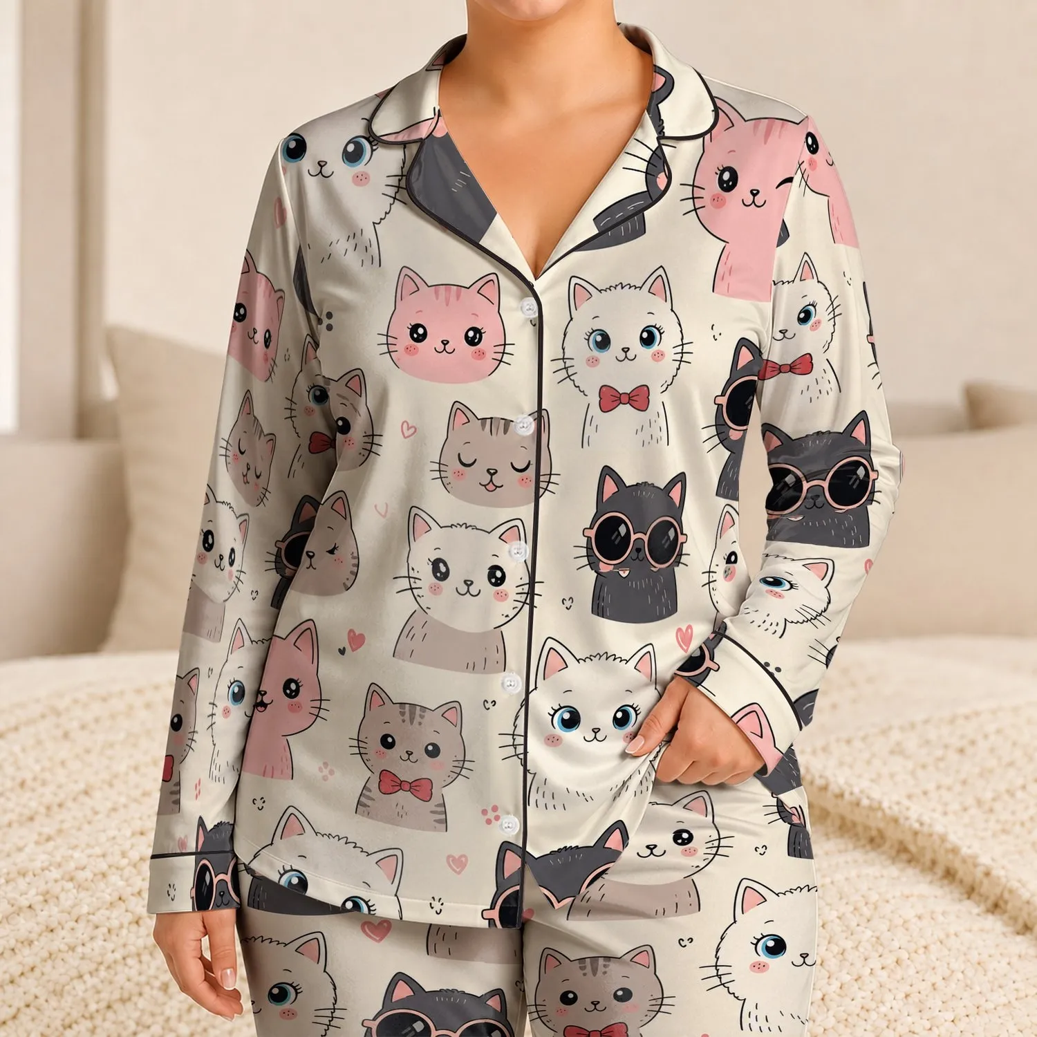 Cute Cat Face Lounge Set For Cozy Holiday Nights, Gift Idea For Women At Home Wear Satin Pajamas Set - 1