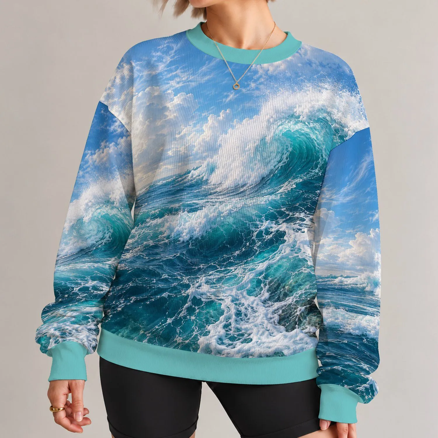 Aerial Turquoise Ocean Waves For Coastal Walks And Relaxed Weekend Getaways By The Sea All-over Print Knitted Sweater - 1