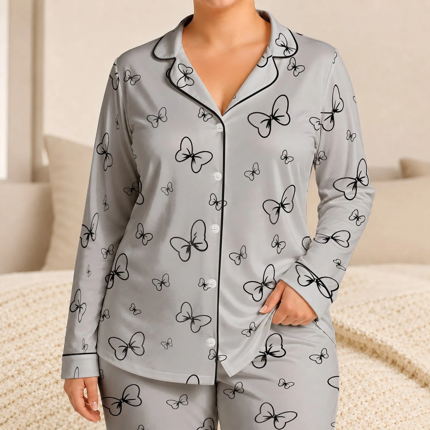 Minimalist Butterfly Bow Lounge Style For Cozy Nights, Gift For Women And Teens Daily Satin Pajamas Set - 1