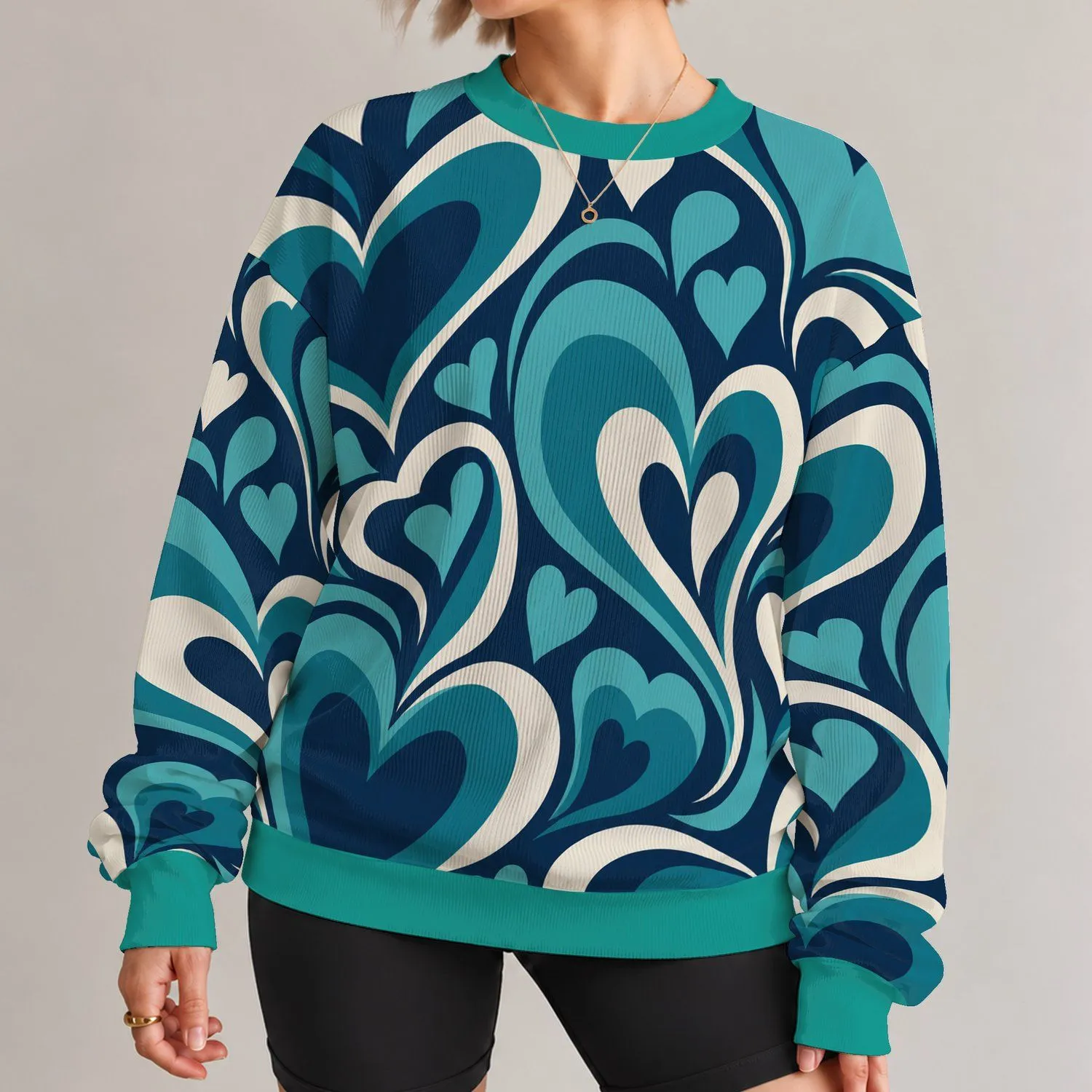 Navy Teal Heart Swirls for Romantic Everyday Streetwear and Bold Gift Giving Style All-over Print Knitted Sweater - 1