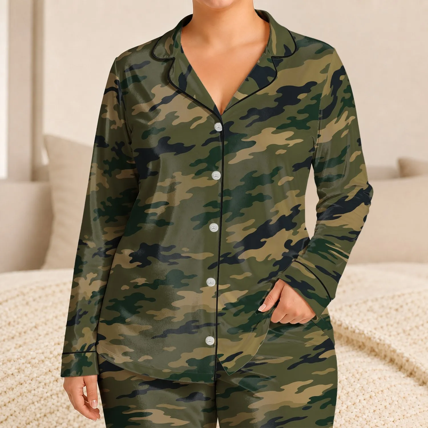 Woodland Camo Style For Cozy Nights, Lounging, And Casual Weekend Wear At Home For Women Satin Pajamas Set - 1