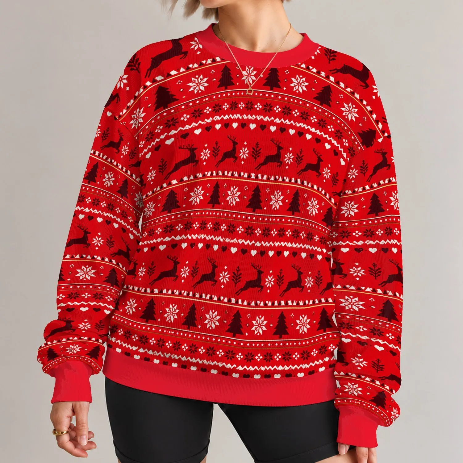 Red Reindeer And Evergreen Motifs For Festive Winter Gatherings And Cozy Seasonal Style All-over Print Knitted Sweater - 1