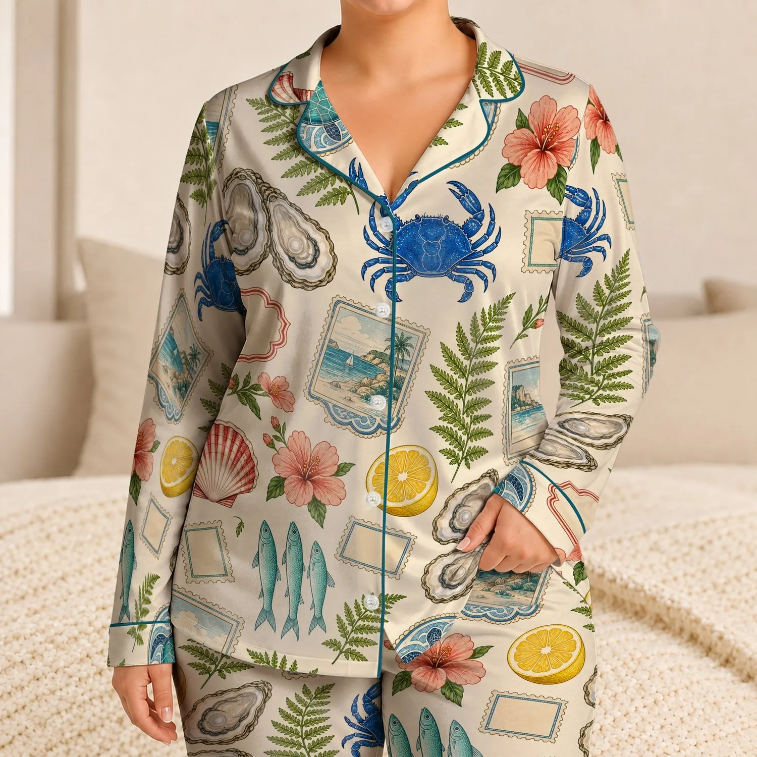 Retro Coastal Crab And Fish Resort Style For Summer Getaways, Cozy Nights, And Gifting Satin Pajamas Set - 1