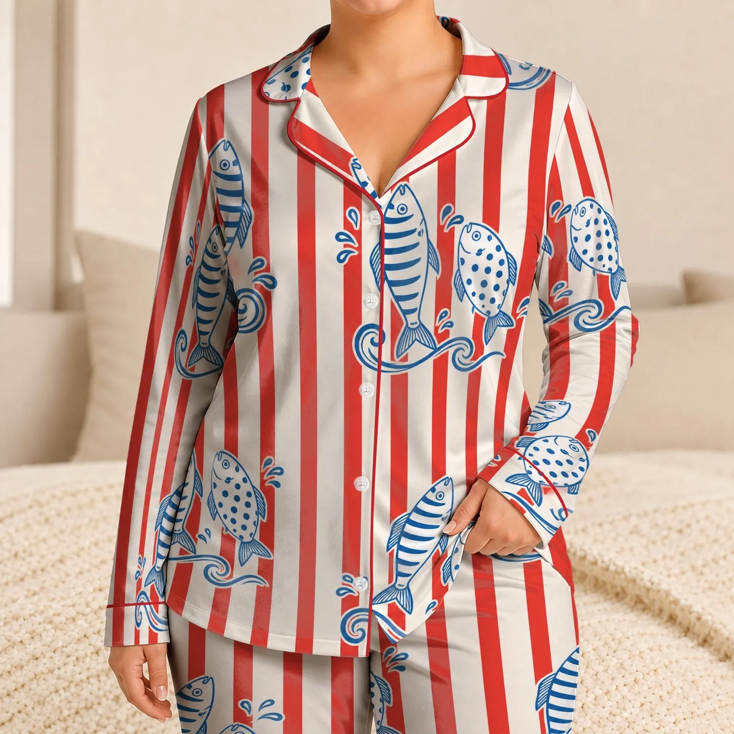 Vintage Red And White Stripes With Blue Fish For Nautical Vacation Gift For Coastal Fans Satin Pajamas Set - 1