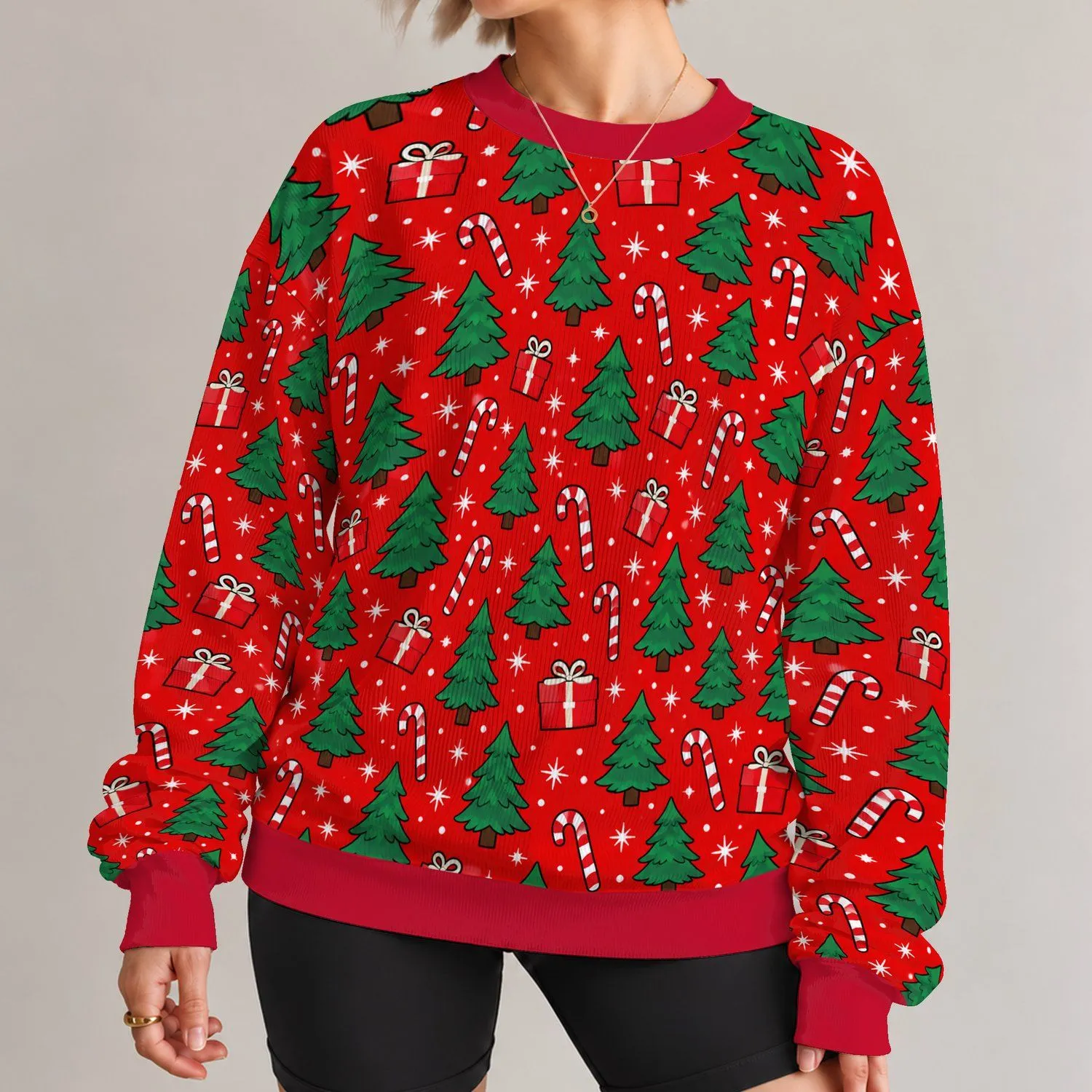 Christmas Trees, Candy Canes and Gifts for Holiday Gatherings and Winter Celebrations All-over Print Knitted Sweater - 1