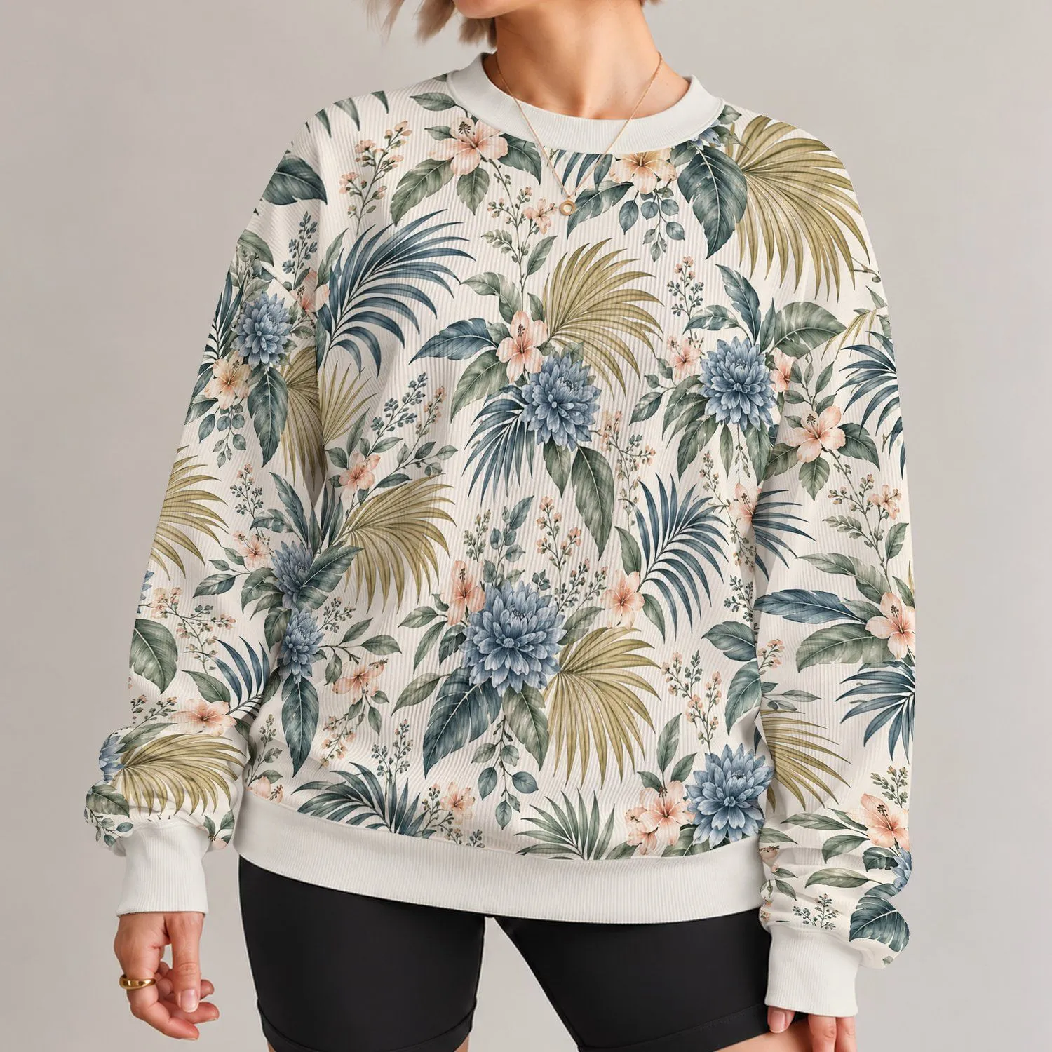 Blue Sage And Peach Tropical Florals For Relaxed Weekend Style, Nature Lovers All-over Print Knitted Sweater - 1