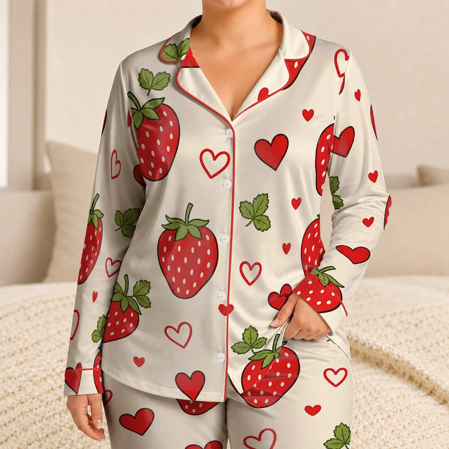 Sweet Strawberry Hearts For Cozy Bedtime Gifts For Girls And Teens At Home Nights Satin Pajamas Set - 1