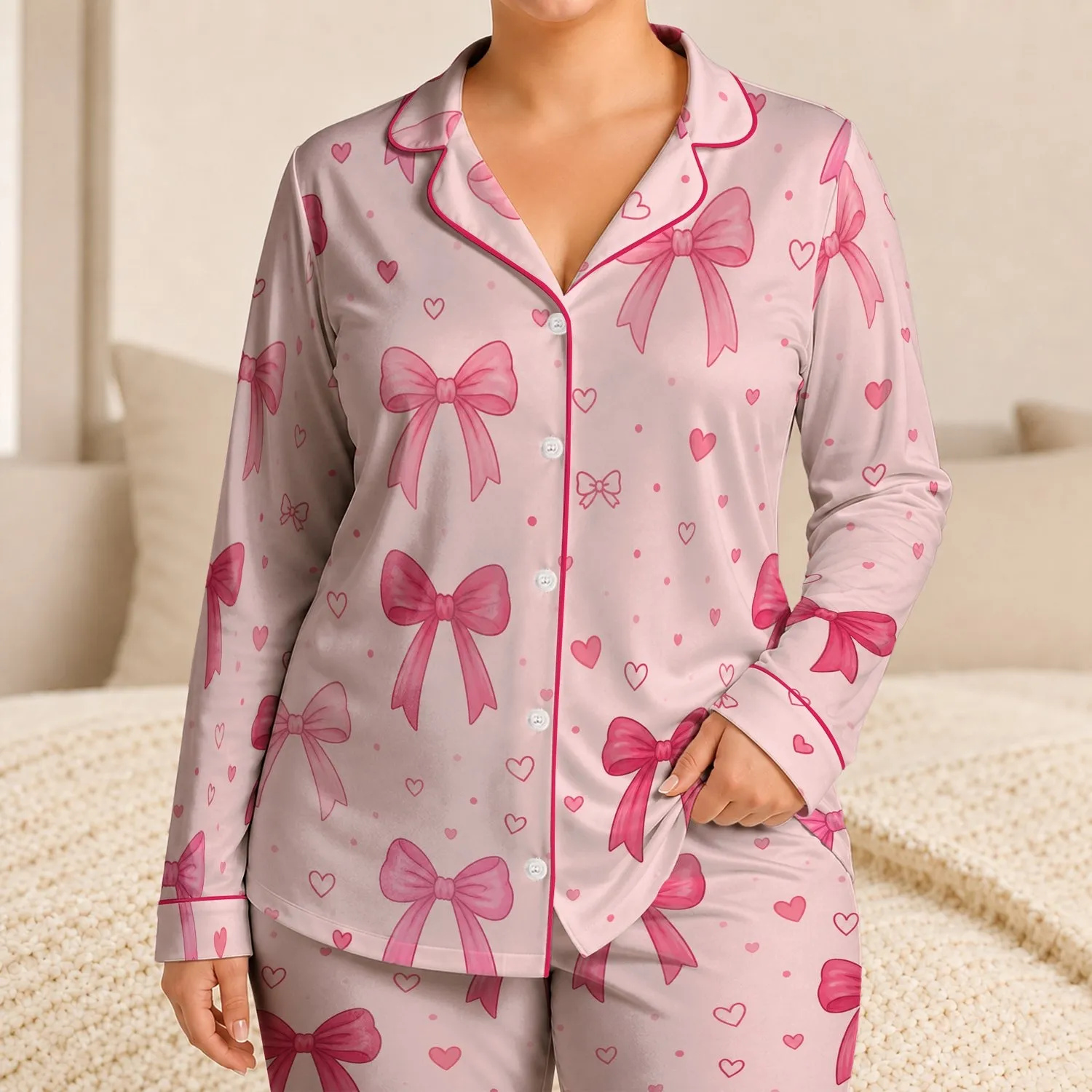 Rosy Bow And Heart Blush Pink Cozy Bedtime Style For Girls Sleepovers And Evenings Satin Pajamas Set - 1